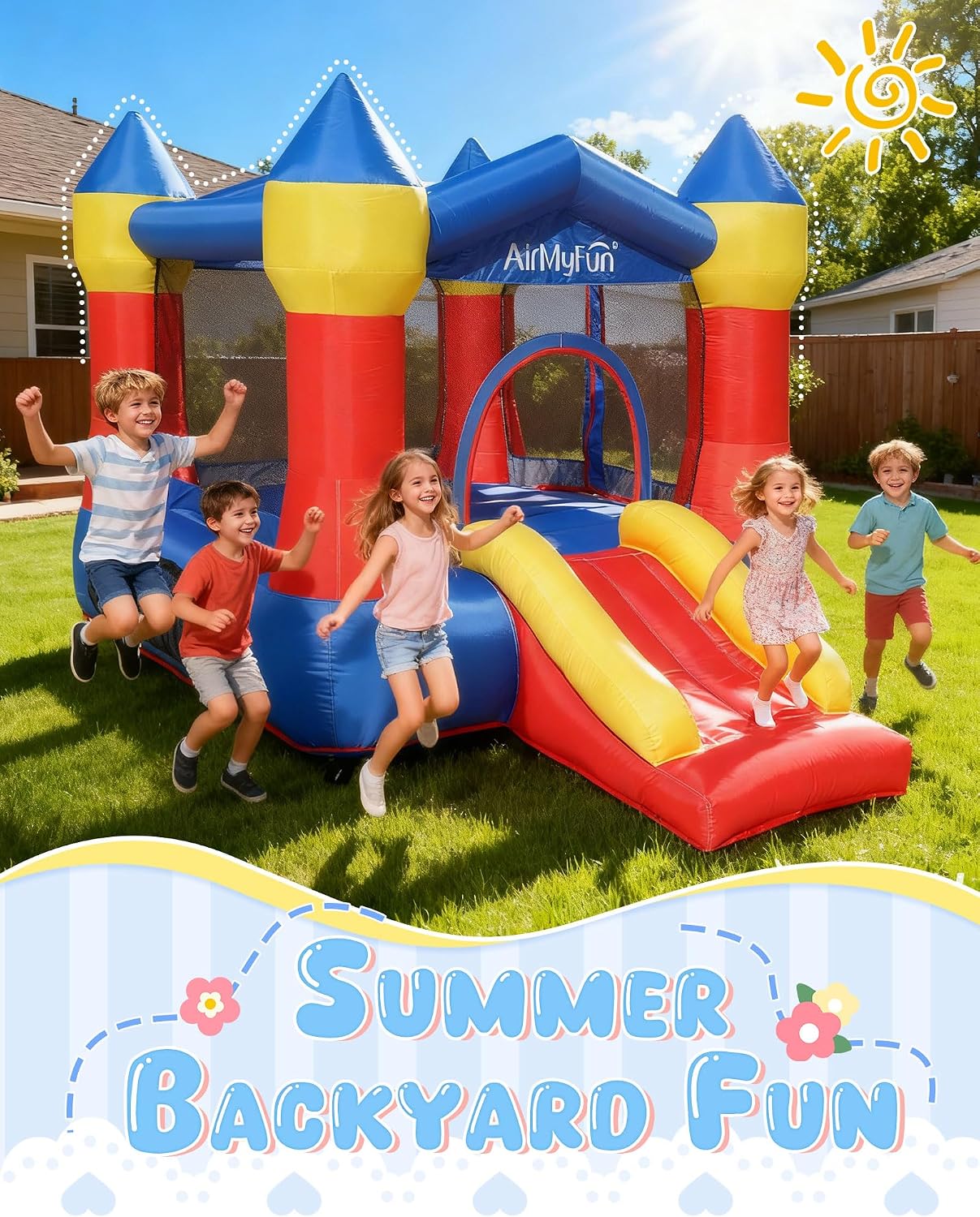 AirMyFun Pink Inflatable Toddler Bounce House with Blower, Indoor/Outdoor Jumping Castle for Kids 3-8, Inflatable Bouncy House with Slide, 82011B