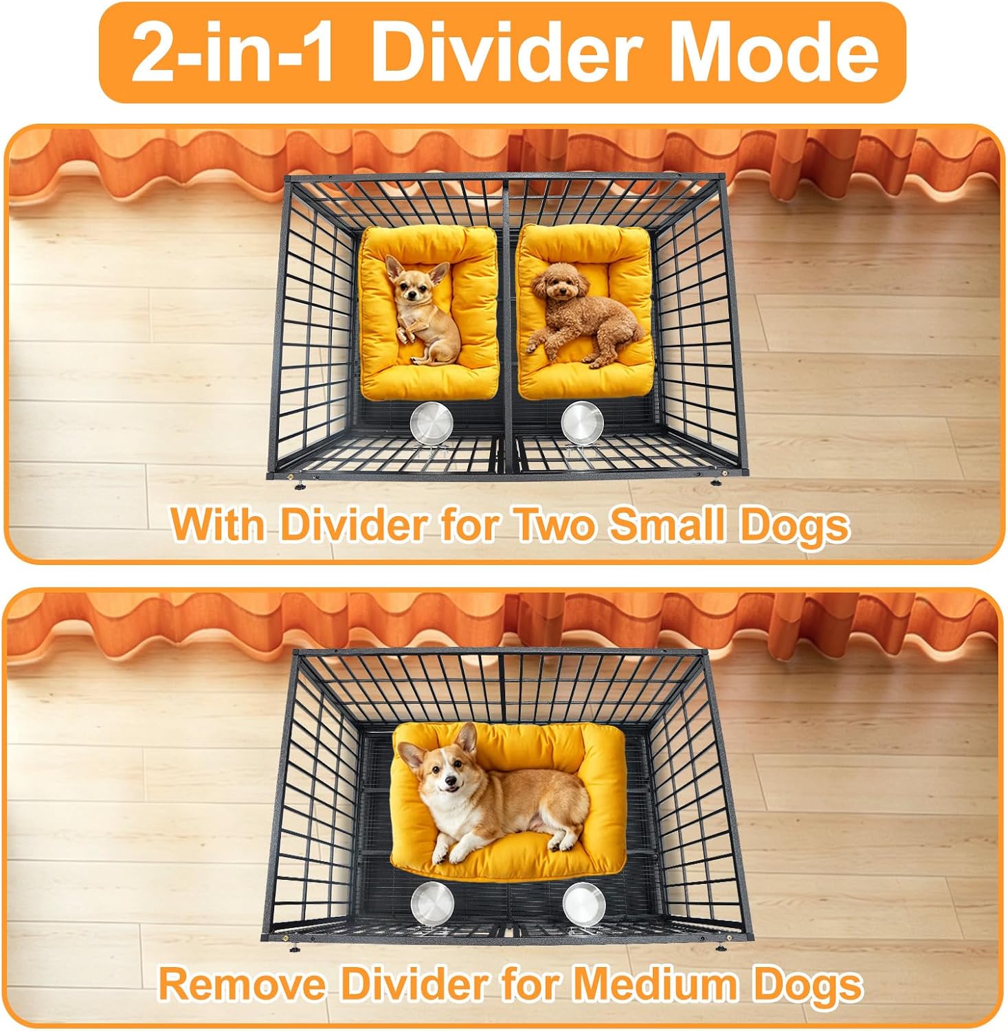 Homey Pet Three Tiers 43 inch Heavy Duty Dog Crate with Wheels, Dual Doors | Stackable Indestructible Steel Dog Cage Kennel Indoor with Divider, Trays, Bowls, Escape Proof Locks for Breeders and More