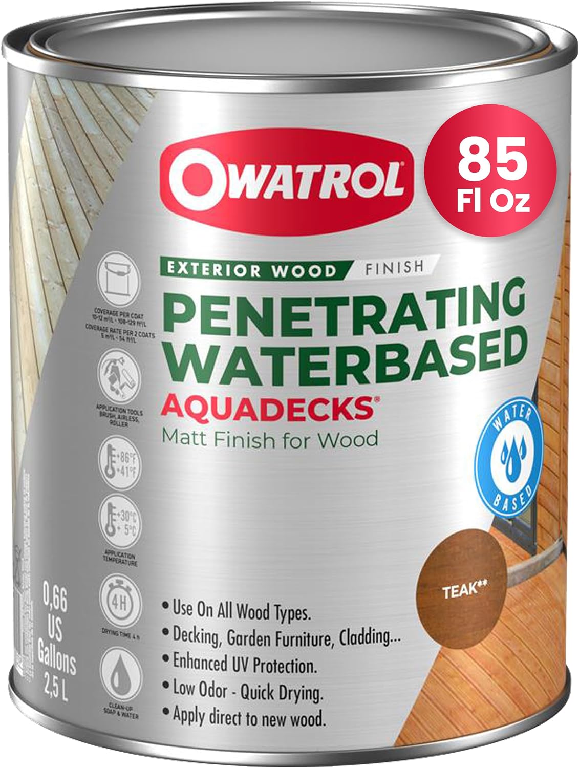 OWATROL Aquadecks, Wood Stain and Sealer, Matt Finish, 85 Oz, Teak | Protects Wood from UV & Moisture, Wood Stain & Sealer for Decks, Fences & Furniture, Water-Based, Won't Peel or Flake, Matt