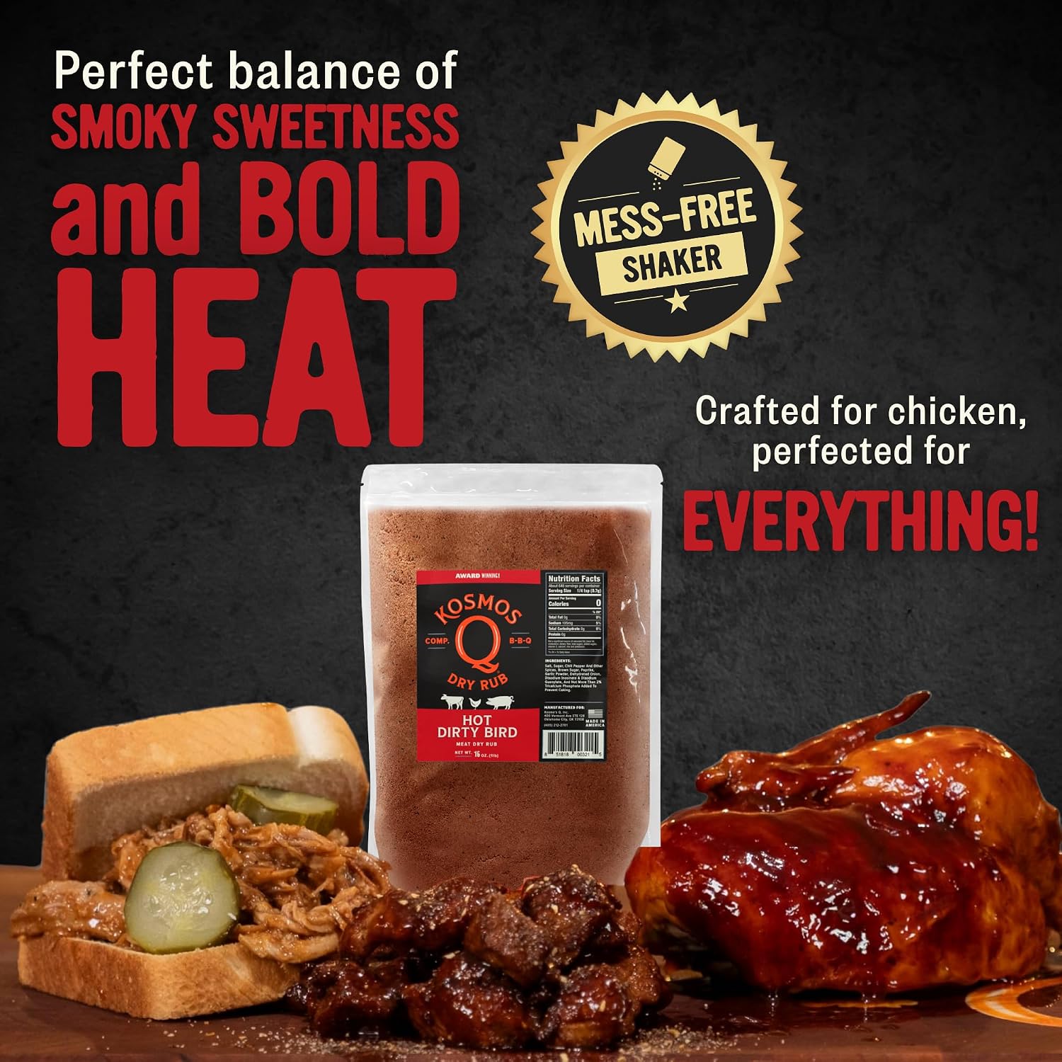 Kosmos Q Hot Dirty Bird BBQ Dry Rub, Spicy Seasoning with Chili Pepper, Brown Sugar, Garlic & Onion for Chicken, Turkey, Ribs, Pork, Dry Rub for Smoking & Grilling Meat, BBQ Spice Blend, 11 Oz Bag
