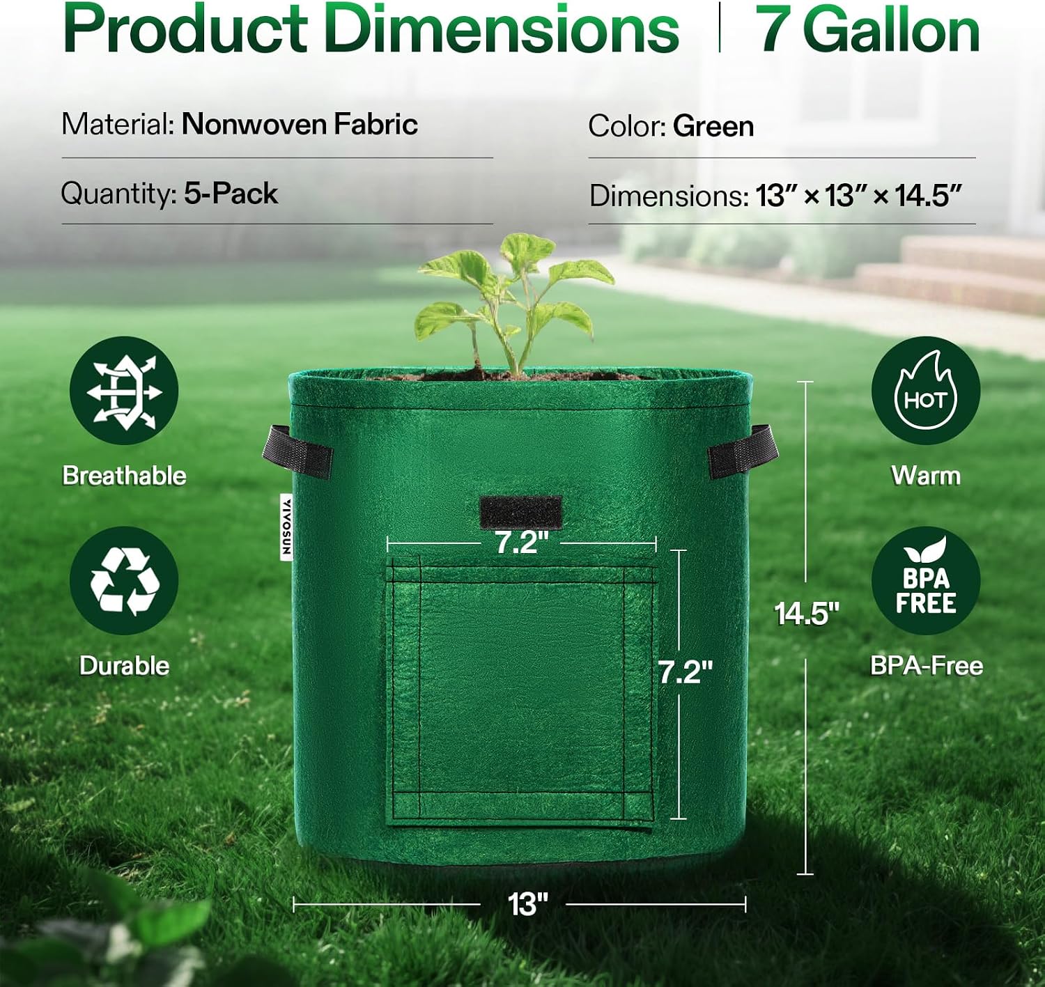 VIVOSUN 5-Pack 7 Gallon Potato Grow Bags, Roll-up Harvest Window