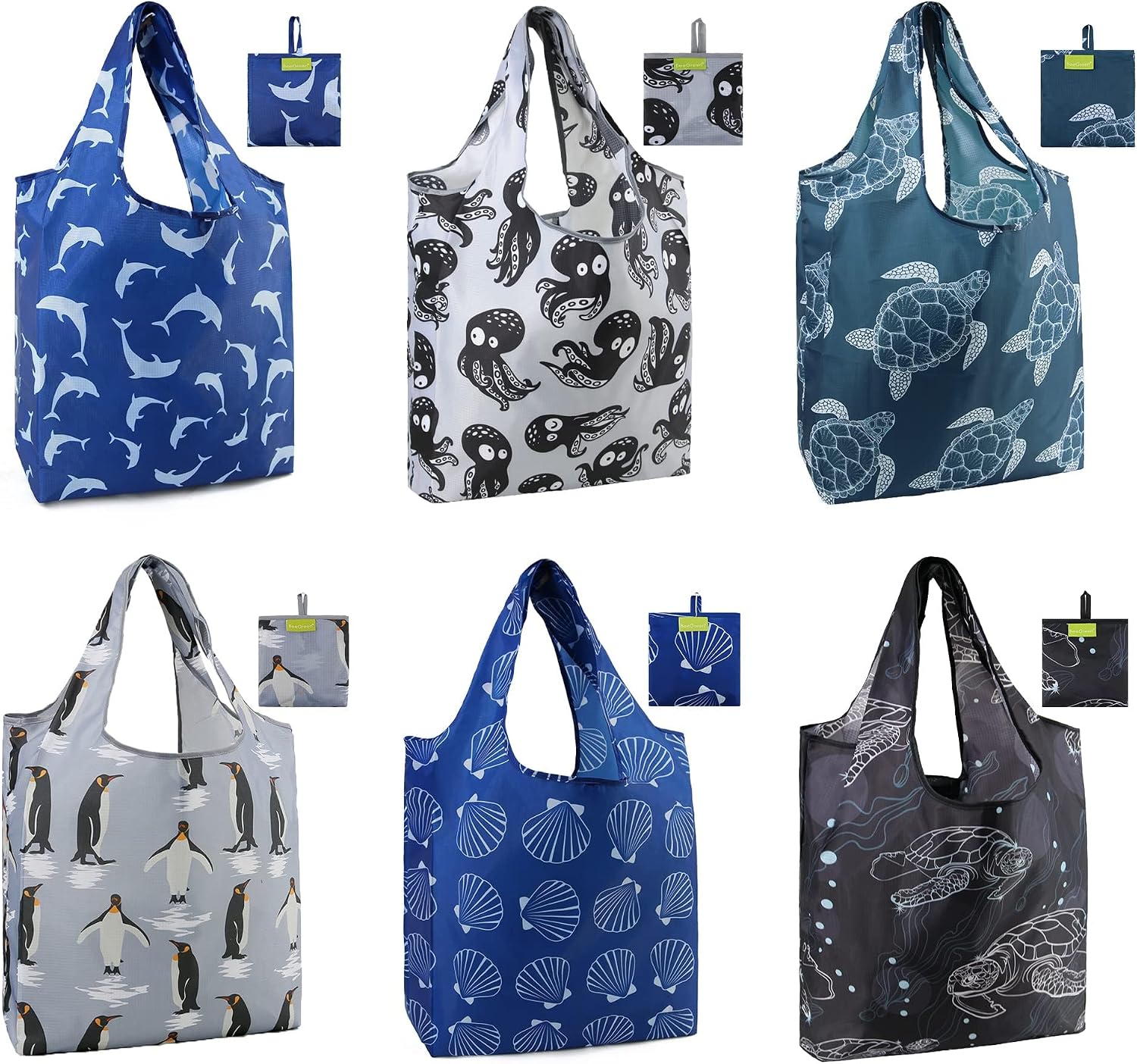 BeeGreen Grocery Bags | Reusable Gift Bags, Large Tote for Women & Foldable Beach Bag - 6 Pack Reusable Bag With Handles | Collapsible Cute Cloth Storage for Market, Holiday & Shopping | Washable​
