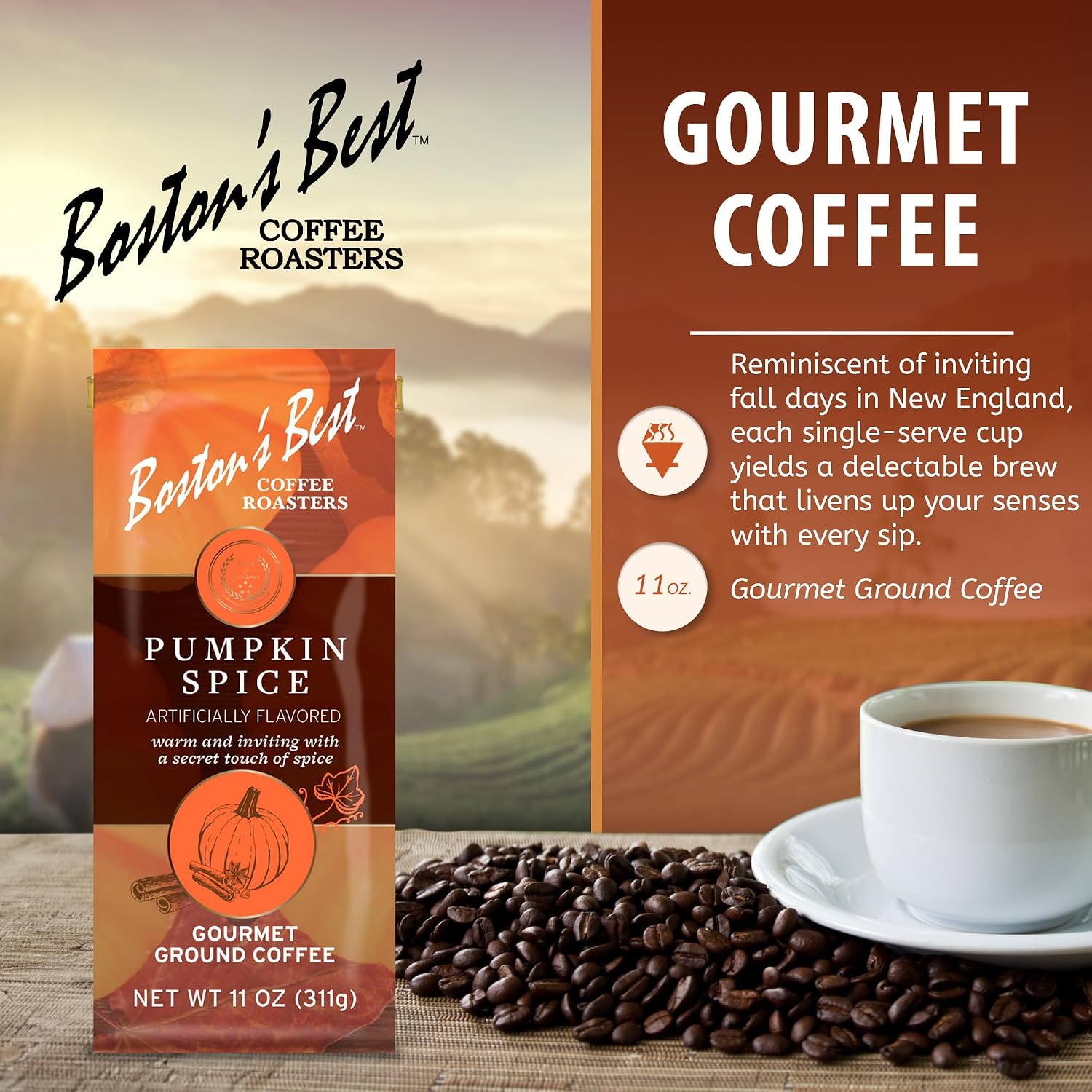 Boston’s Best Coffee - Fall-Inspired Pumpkin Spice Medium Roast Gourmet Delicious Flavored Coffee, Premium Ground - 11 oz. / 311 g Bag