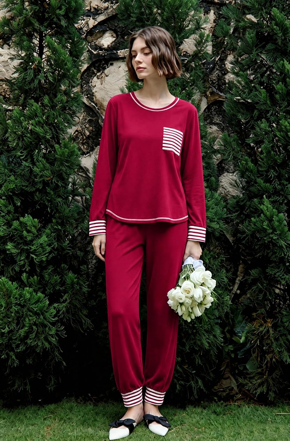 SWOMOG Women’s Pajamas Set Long Sleeve Sleepwear with Long Pants Soft Modal Loungewear Pj Set