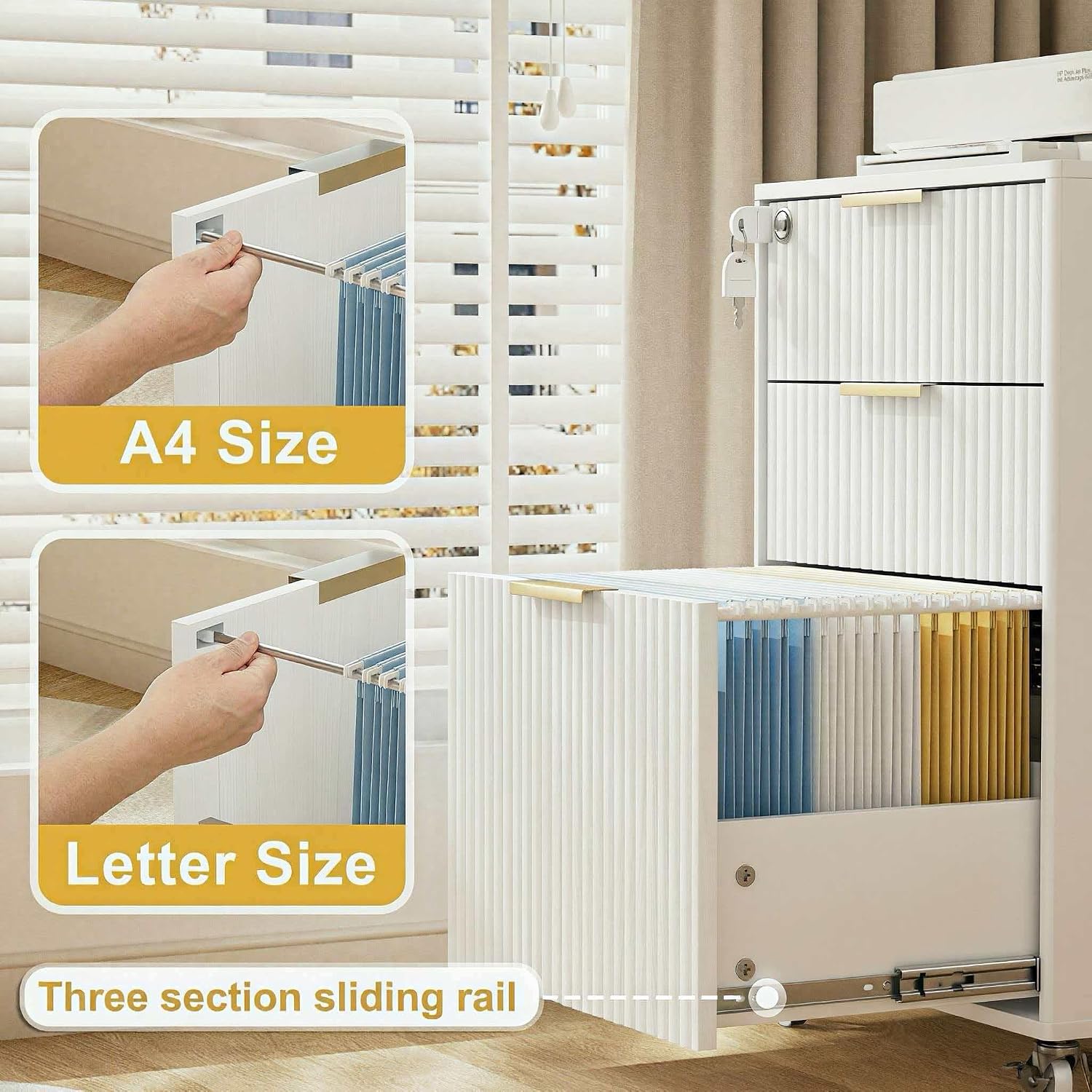 3 Drawers Fluted Mobile File Cabinet with Lock, Rolling File Cabinet Printer Stand Table, Under Desk Wooden Filing Cabinets for Home Office Essentials Storage Organization Furniture Letters/A4(Oak)