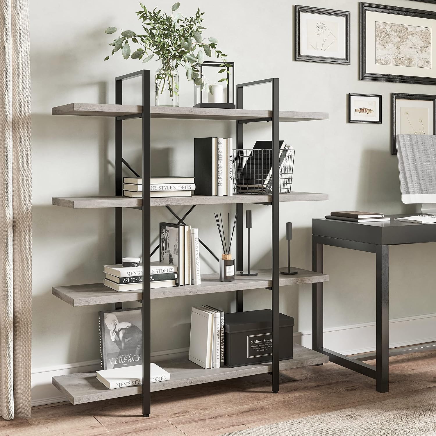 BELLEZE 4 Tier Modern Rustic Industrial Bookshelf, Open Wide Office Etagere Book Shelf