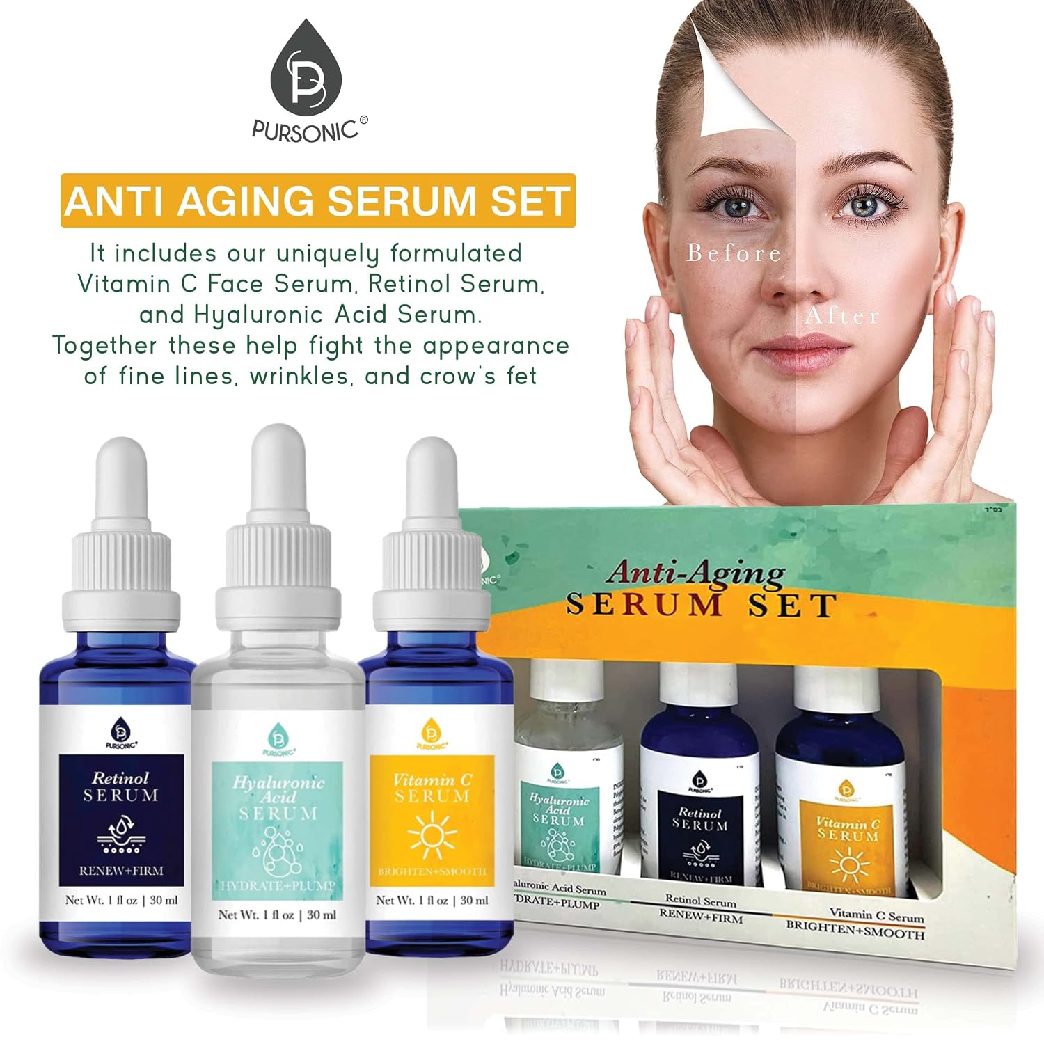 Pursonic Vitamin C Serum, 20% is a high potency Best Organic Anti-Aging Moisturizer Serum for Face, Neck & Décollete and Eye Treatment (3 fl. oz)