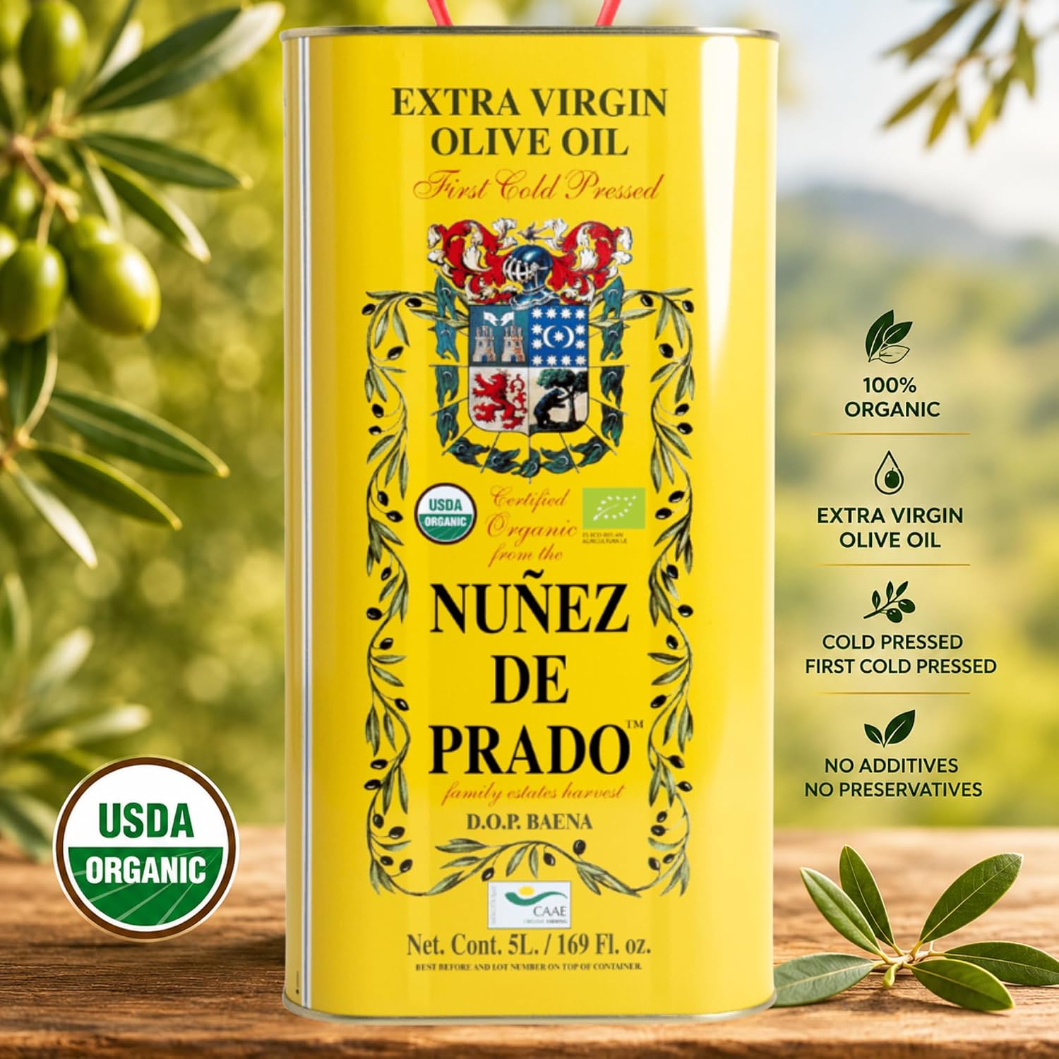 Nuñez de Prado Extra Virgin Olive Oil – USDA Organic, DOP Baena, First Cold Pressed, Family Estate Harvest, 33.8 fl oz (1 Liter)