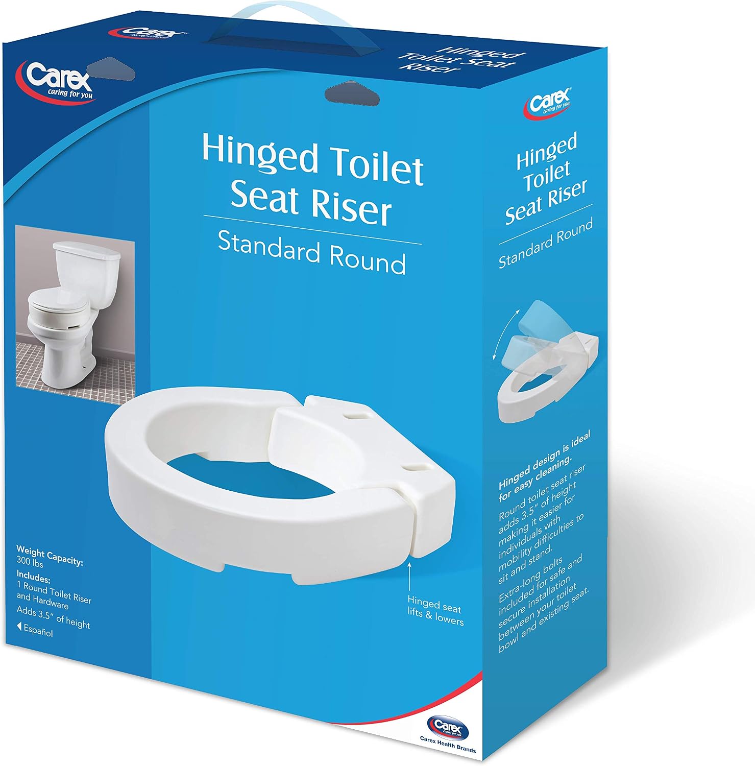 Carex Hinged Round Raised Toilet Seat Riser, Adds 3.5 Inches of Height, 300 lbs Capacity, Elevating and Raising Seat for Elderly and Handicap, Universal, Slip-Resistant, White.