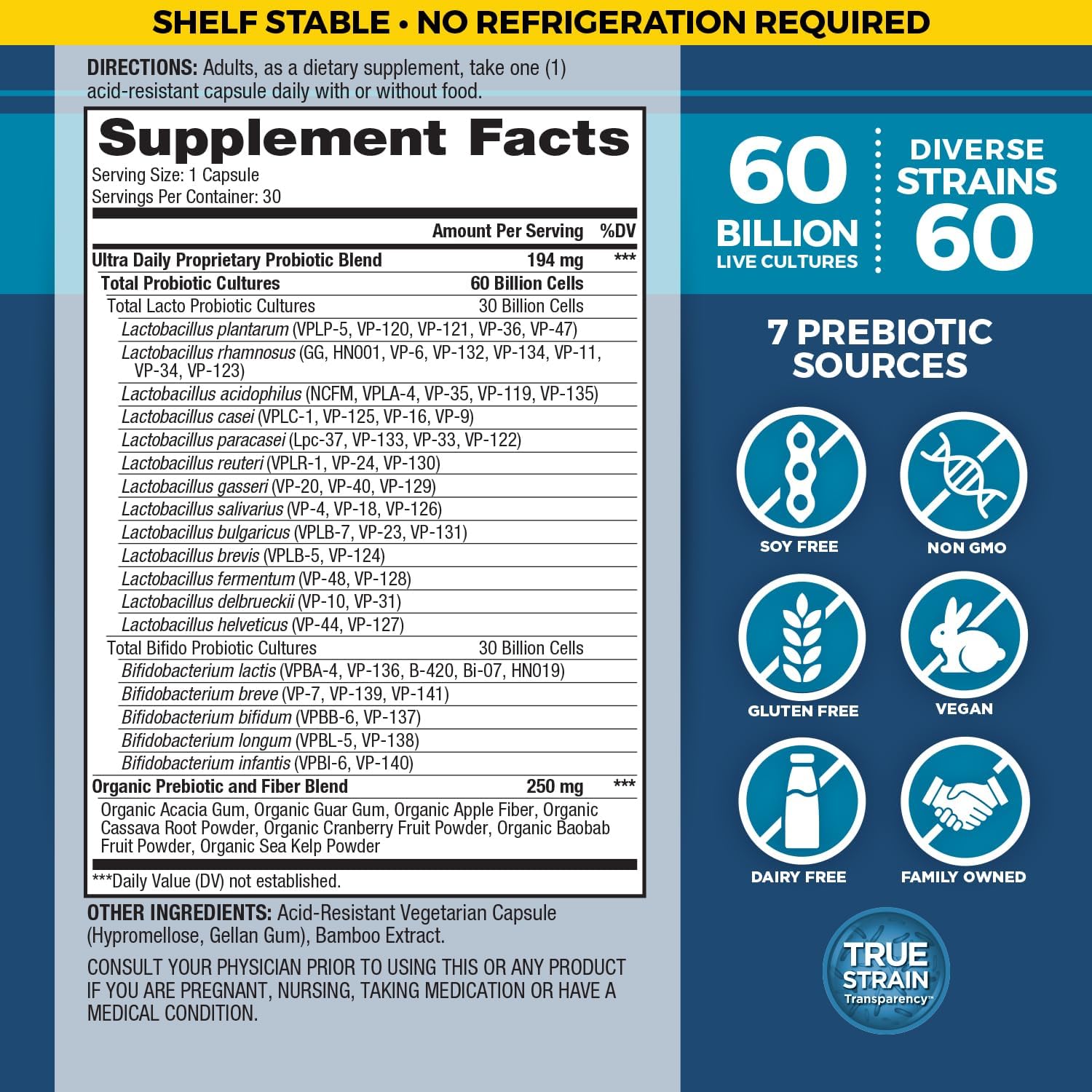 Vital Planet - Vital Flora Ultra Daily Probiotic 60 Billion CFU, 60 Diverse Strains, 7 Organic Prebiotics, Immune Support