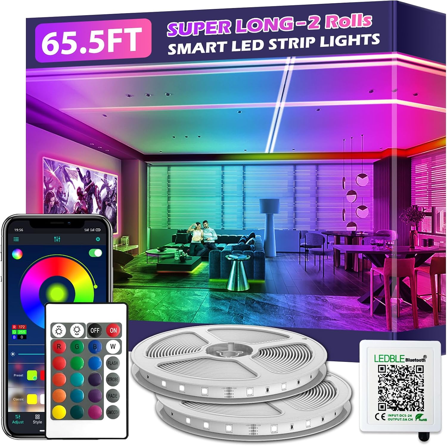 100ft Led Strip Lights, Long Smart Led Light Strips Music Sync 5050 RGB Color Changing Rope Lights