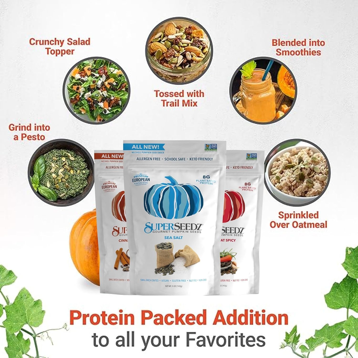 SuperSeedz Dry Roasted Pumpkin Seeds with Sea Salt w/8g Protein (5oz Bag) | Nn-GMO, Gluten-Free, Keto Snacks – Nut-Free & School Friendly Organic Pumpkin Seeds – Large European No Shell Pepitas