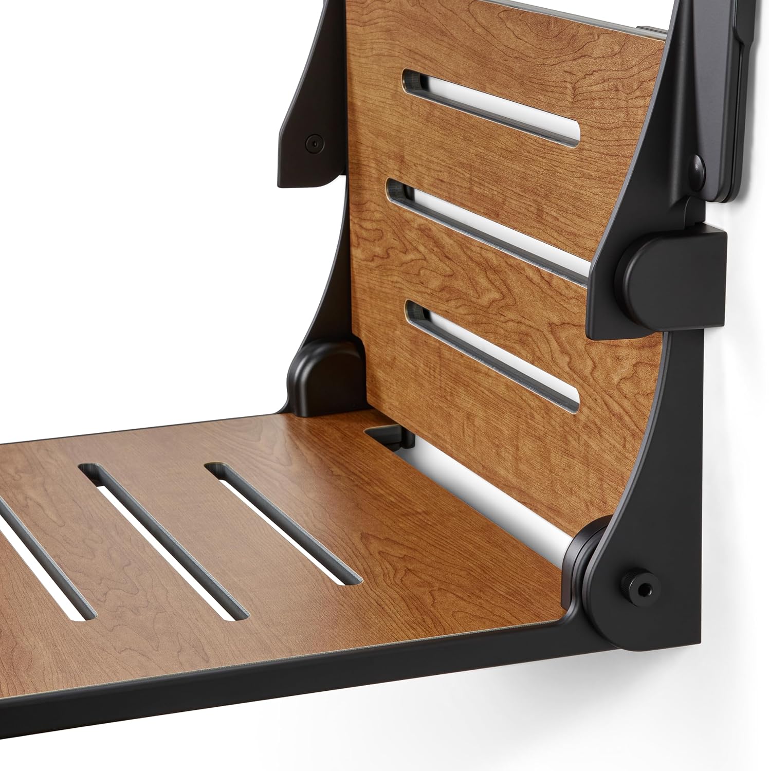 Seachrome Silhouette Comfort Folding Wall Mount Shower Bench Seat with Arms, Teak Seat with Silver Frame