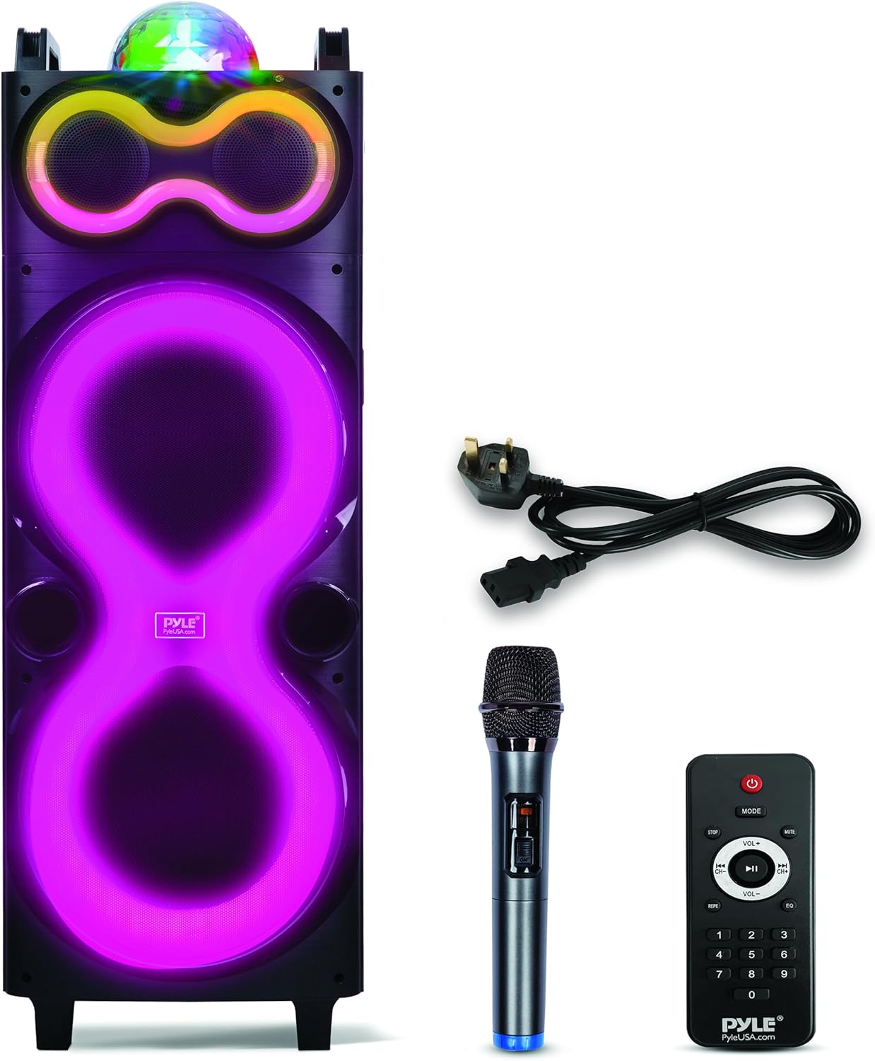 Pyle Bluetooth Speaker System with Wireless Mic, 240W PA and Karaoke Machine, Dual 10" Inch Speakers, Rechargeable Battery, USB/SD/AUX/FM Radio
