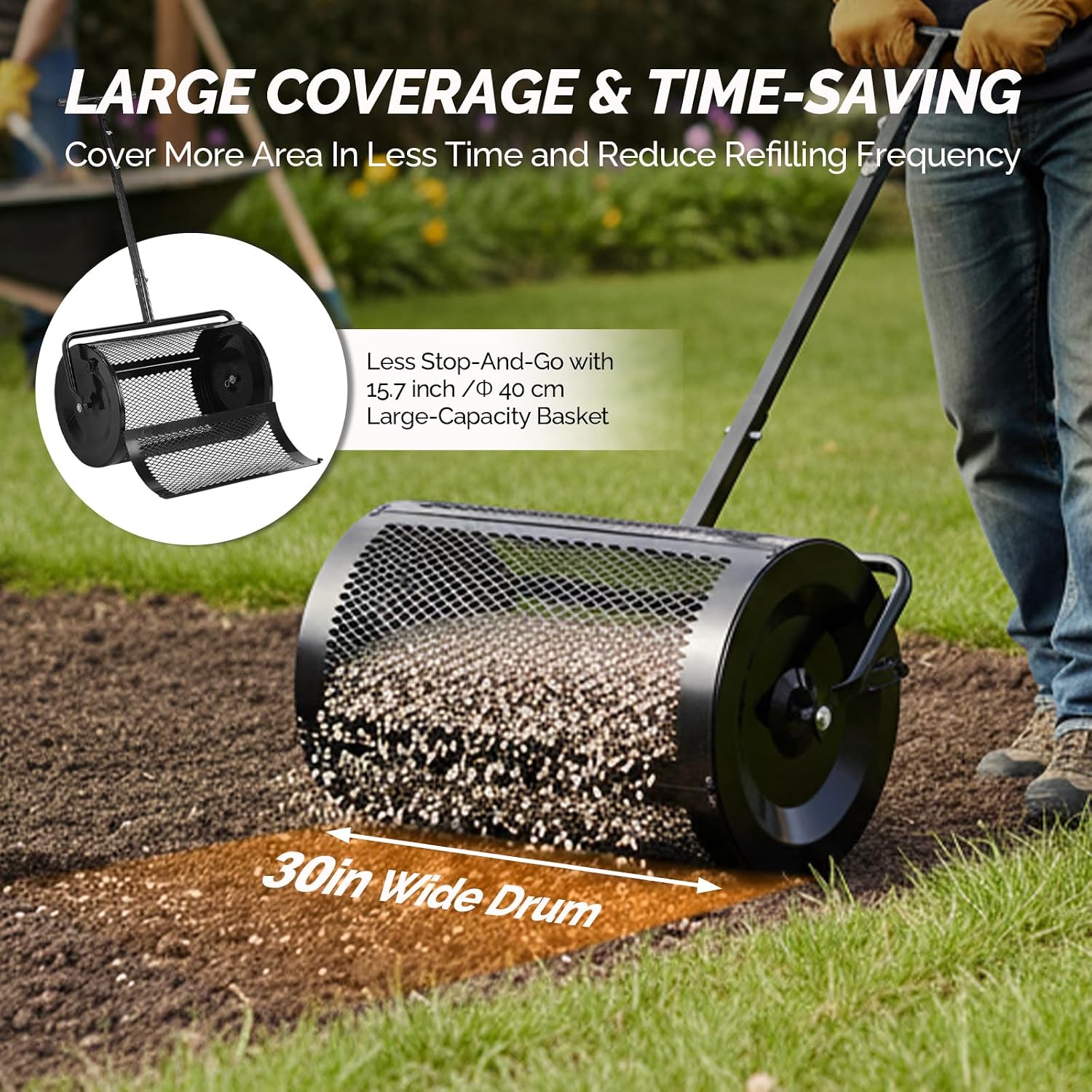 VINGLI Compost Spreader, 24 inch Peat Moss Spreader with Height Adjustable Handle, T Shaped Handle Peat Moss Roller, Seed Spreader for Lawn Backyard Outdoor (24"-Black & Yellow)