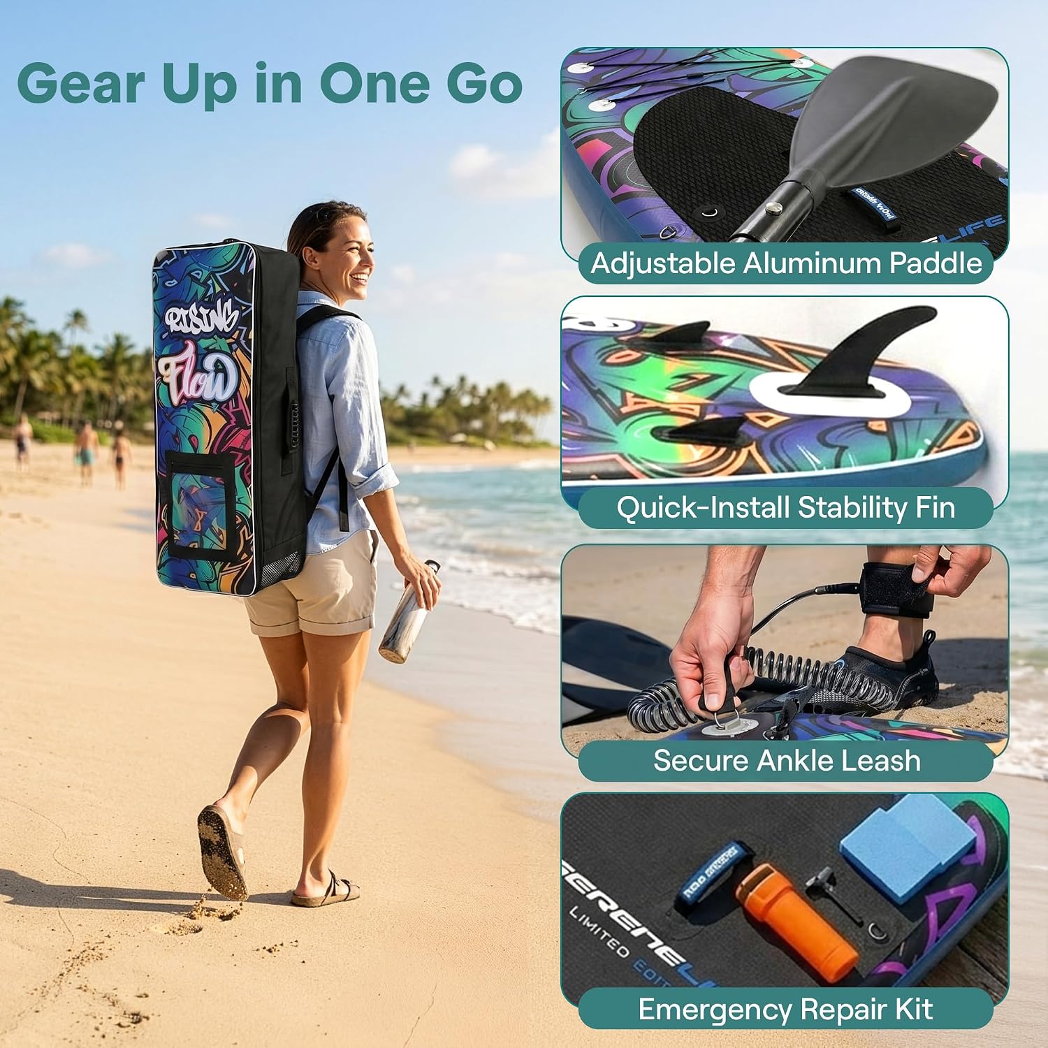 SereneLife 10’6” Inflatable Stand Up Paddle Board with Premium SUP Accessories - 32” Wide Stable Design with Non-Slip EVA Deck Pad