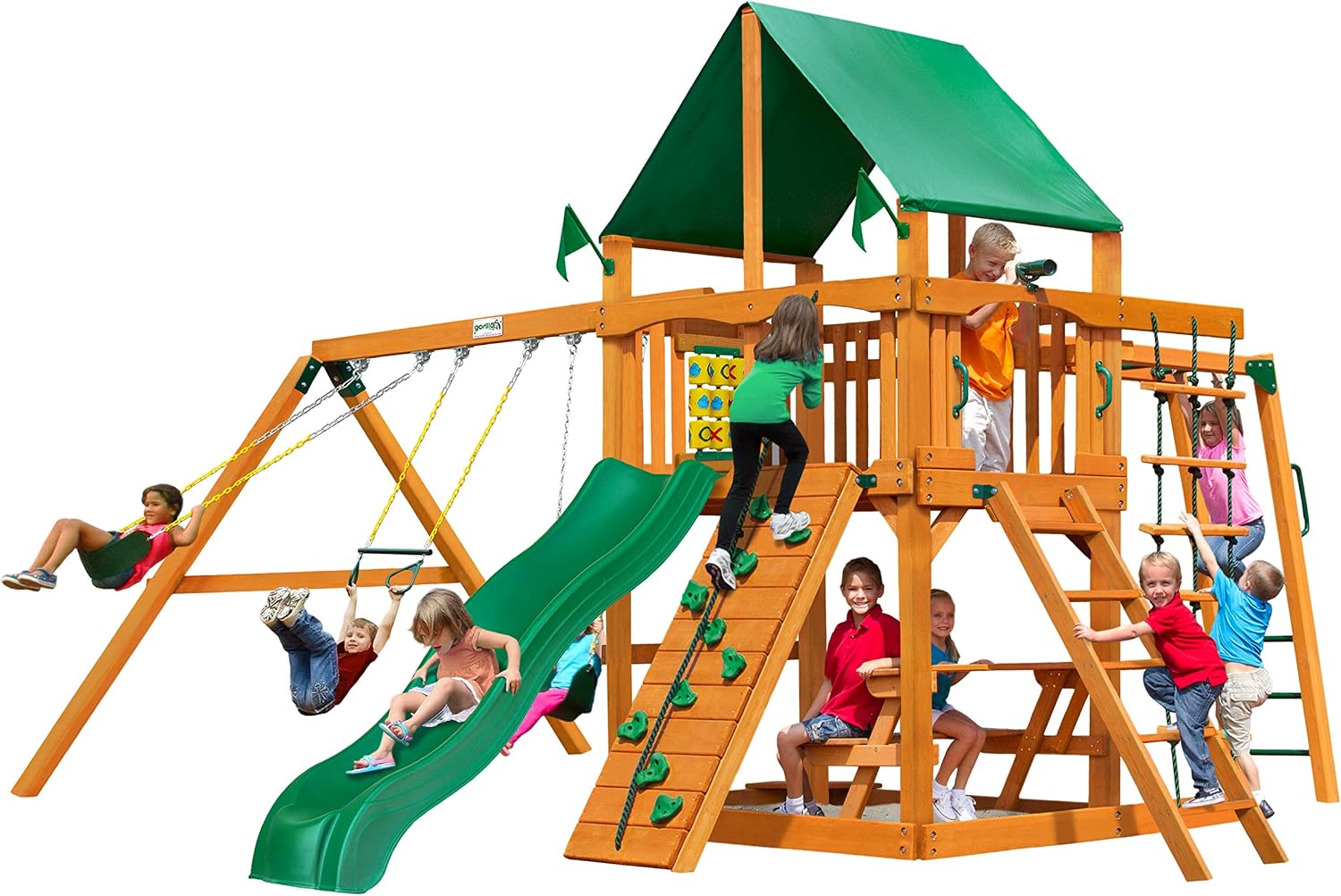 Gorilla Playsets 01-0020-AP-1 Navigator Wooden Swing Set with Deluxe Green Vinyl Canopy, Monkey Bars, Swings, and Slide, Brown