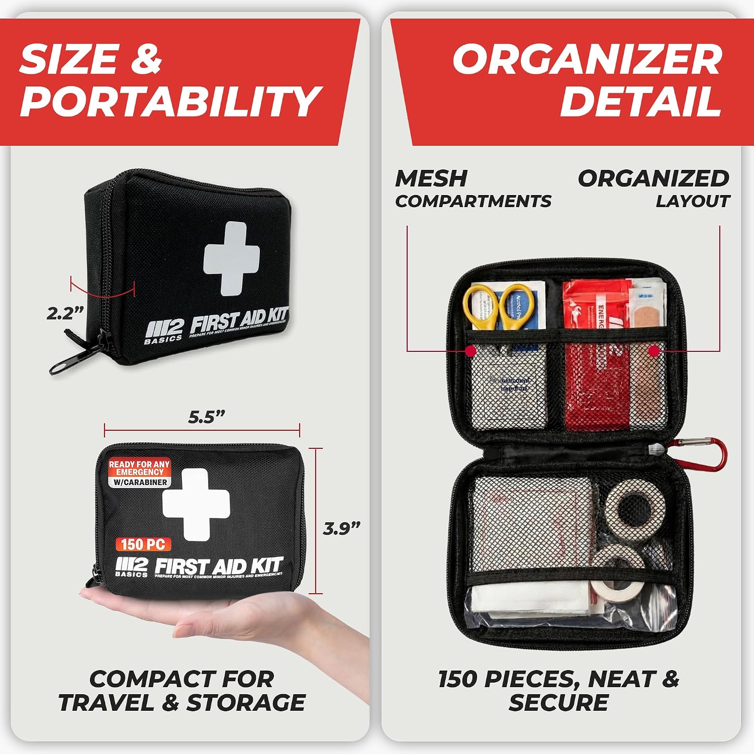 M2 BASICS 150 Piece Premium First Aid Kit, Compact Bag for Purse & Travel | On-The-Go Emergency Use, Backpack, Glove Box, Luggage, Carry-On, School