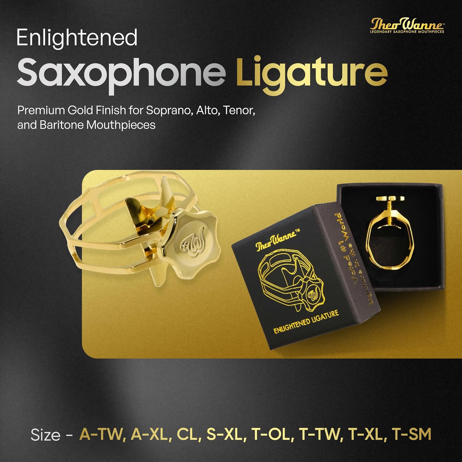 Theo Wanne Enlightened Saxophone Ligature with Premium Gold Finish for Soprano, Alto