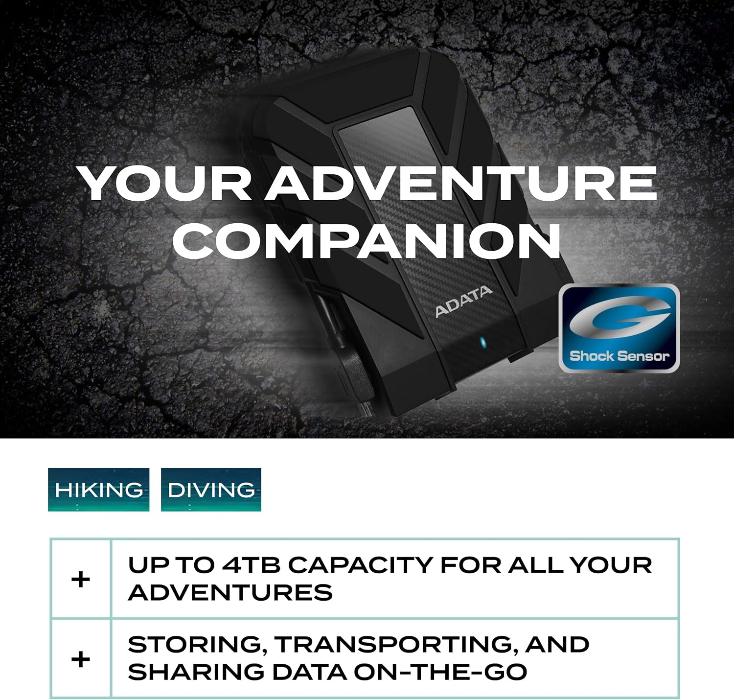 ADATA HD710 Pro - 4 TB External Hard Drive - Shockproof, Waterproof & Dustproof - Durable Storage - For Gamers, Students & Professionals - Mac, PC & Linux Compatible - Black - AHD710P-1TU31-CBK