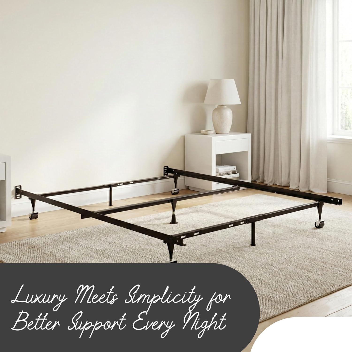Kings Brand Furniture Queen Metal Bed Frame – Heavy Duty Support for Box Spring & Mattress Foundation with Center Rail, Locking Wheels