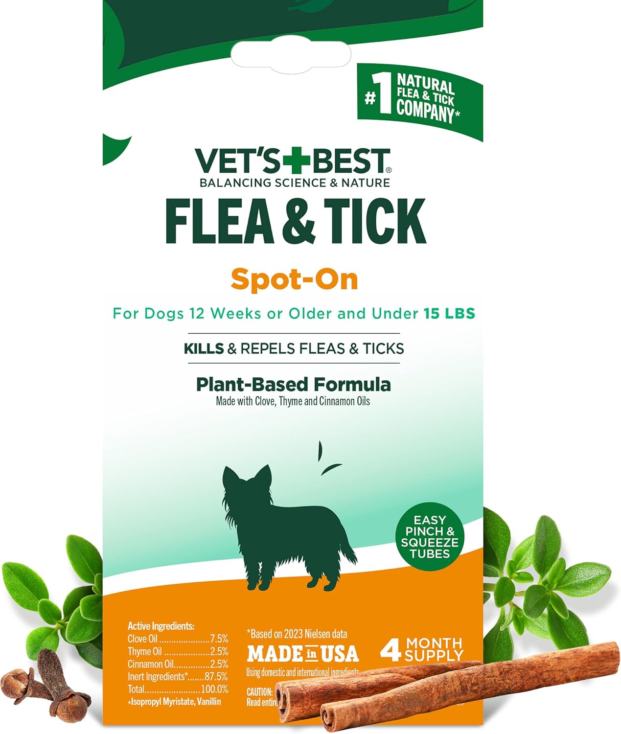 Vet's Best Flea & Tick Drops for Large Dogs, Flea Protection, 4Month Supply | Plant-Based Spot-On Treatment, Essential Oils, Helps Prevent Fleas & Ticks, Four Monthly Applications for Dogs