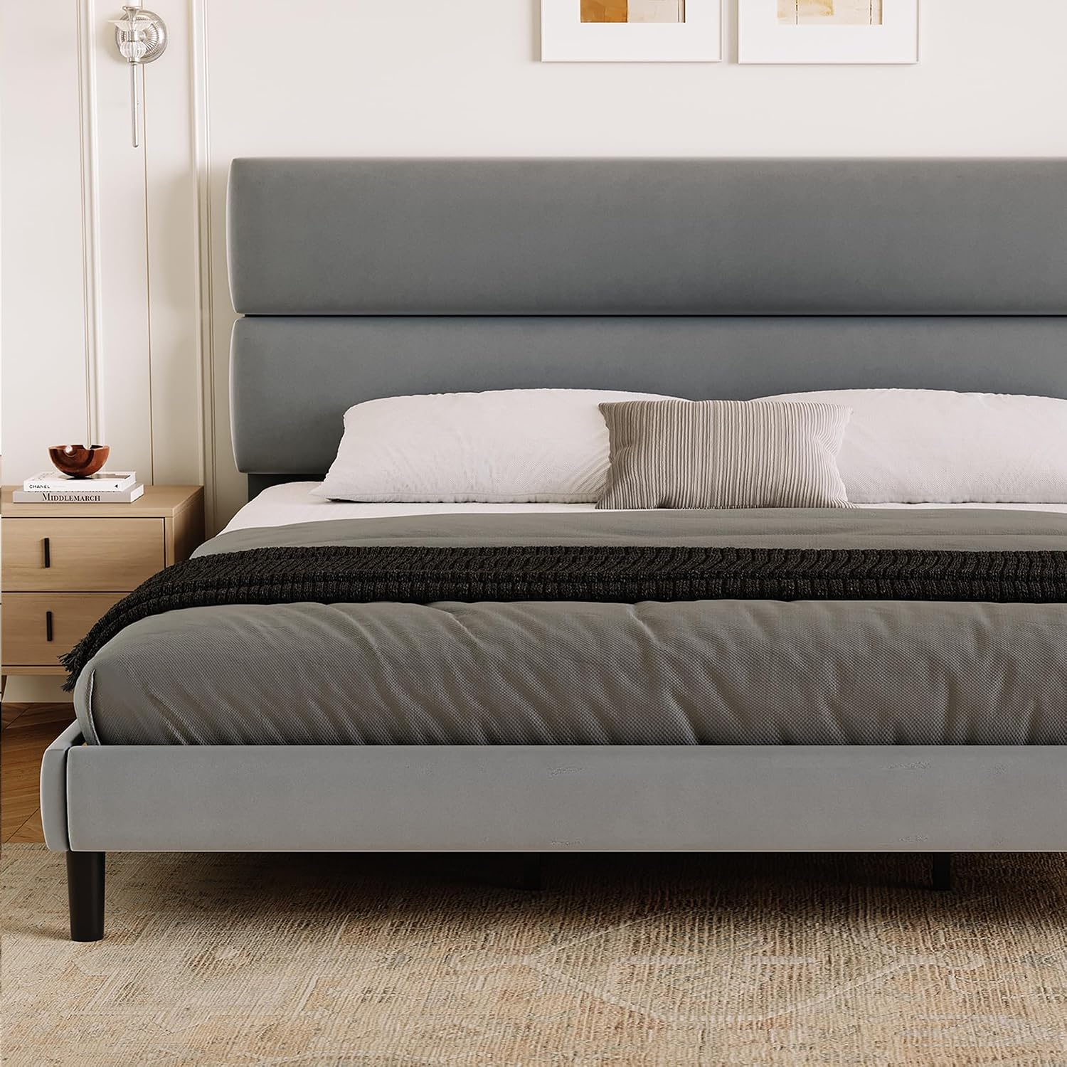 GRUSIGN Queen Size Platform Bed Frame with Velvet Headboard, Adjustable Height Wooden Slats Support, Upholstered Mattress Foundation, Fits Mattress or Mattress with Box Spring, Easy Assembly, Beige