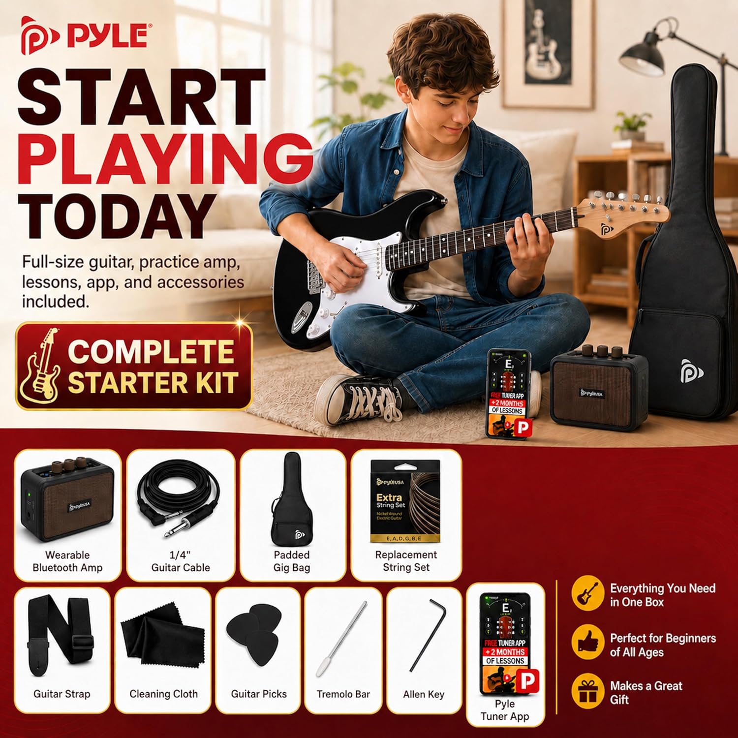 Pyle Electric Guitar and Amp Kit - Full Size 39" Complete Starter Kit with Wearable Bluetooth Amplifier, 1/4” Cable, Carry Case, Strap, Strings, Picks, Cleaning Cloth, ST-Style Pickups (Black)