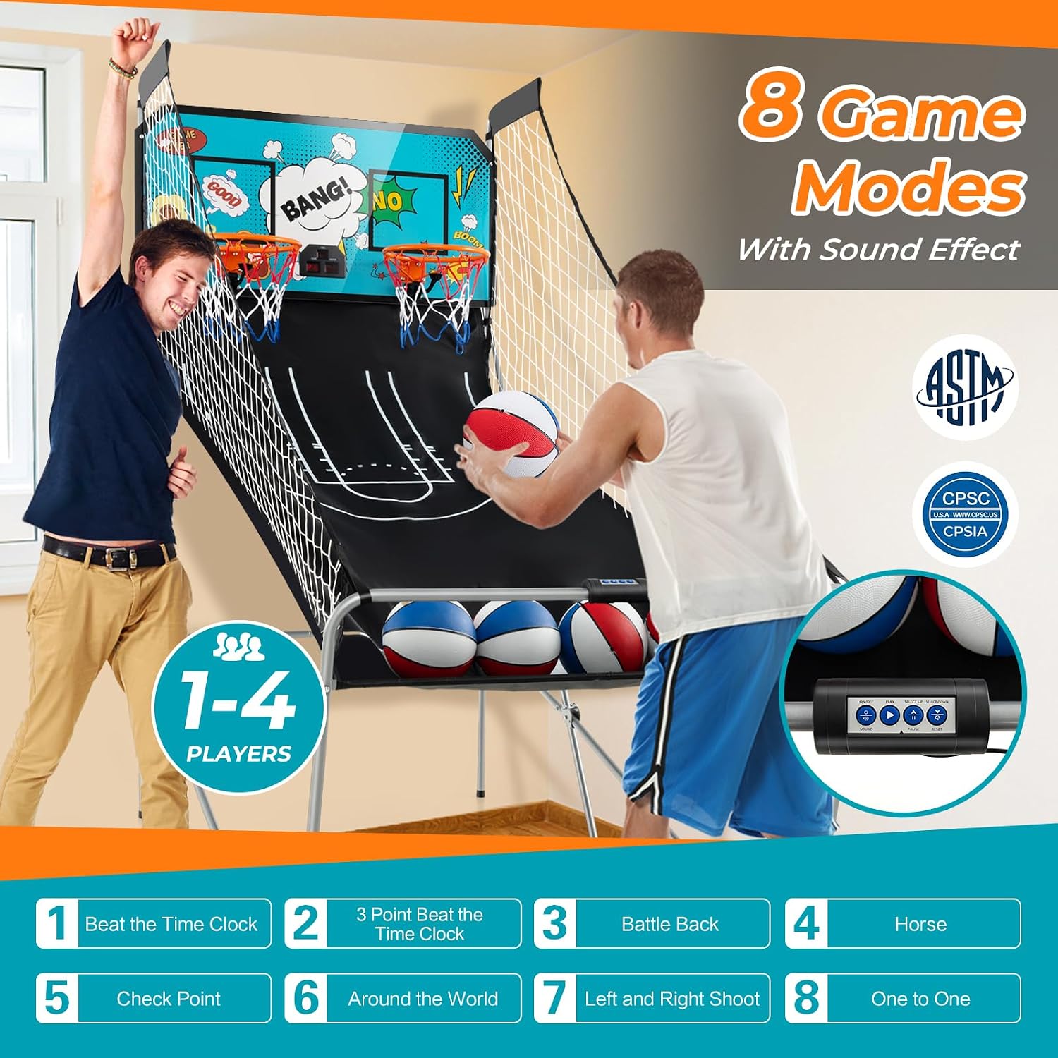 GYMAX Arcade Basketball Game Indoor Foldable with 8 Game Modes, Arcade Sound, 4 Balls and Inflation Pump, Electronic Basketball Games for All Ages Home