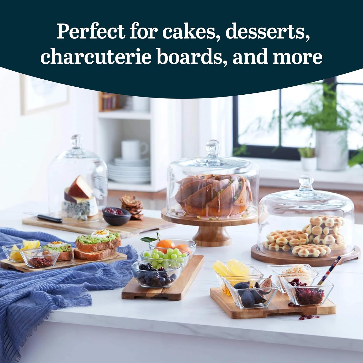 Libbey Selene 6-in-1 Domed Cake Stand, Unique Space Saving Glass Cake Stand with Dome, Multi-Purpose Dip Bowl To Serve Snacks and More