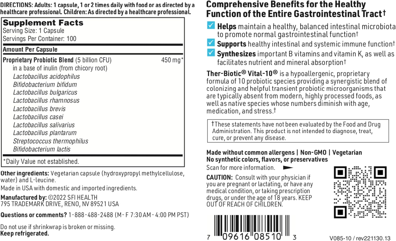 Klaire Labs SFI Health Ther-Biotic Vital 10, 100 Capsules | Support Gut Health, A Balanced Microbiome & Immune Function, Multistrain Probiotic with Lactobacillus, Bifidobacterium & More