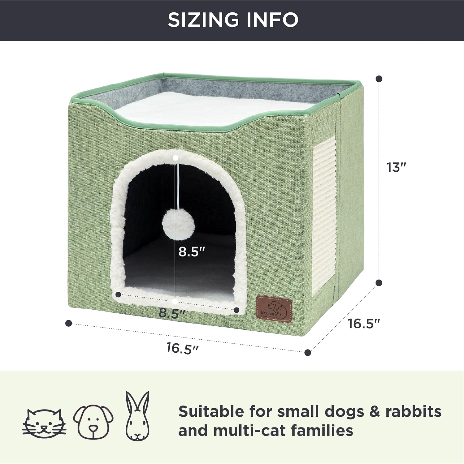 Bedsure Cat House Bed for Indoor Cats with Fluffy Ball and Scratch Pad,Grey