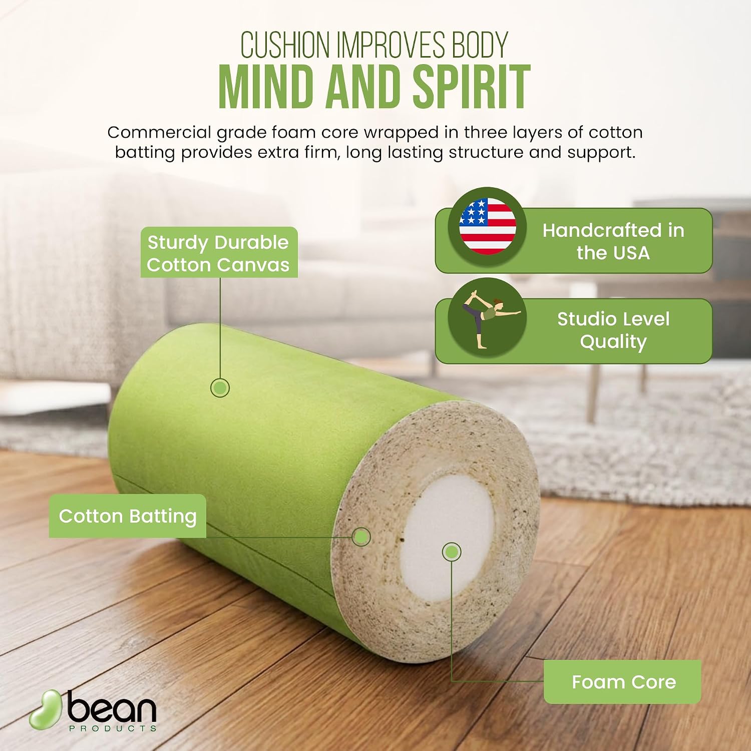 Bean Products Cotton Batting Yoga Bolster - Studio Grade Round or Rectangular Restorative Yoga Pillow for Pilates and Yin Practice - Soft Yet Firm Support with Cotton Cover - Made in The USA