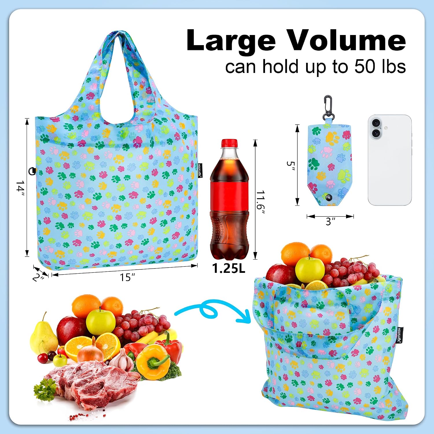 HOLYLUCK Reusable Grocery Bags,Heavy Duty Foldable Shopping Tote Bag (Standard, 3 Blue Geometric Flowers)