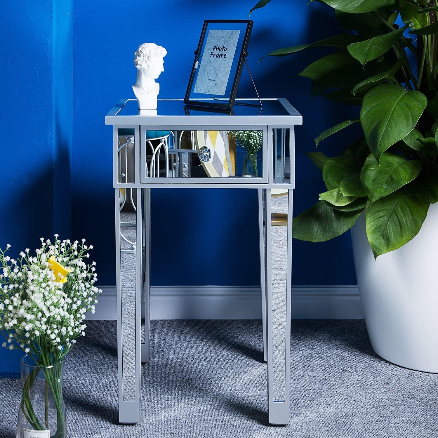 VINGLI Mirrored End Table with Drawer Silver Modern Nightstand/Bedside/Accent Table for Small Space, Living Room, Bedroom, 15.7" L x 15.7" W x 24" H