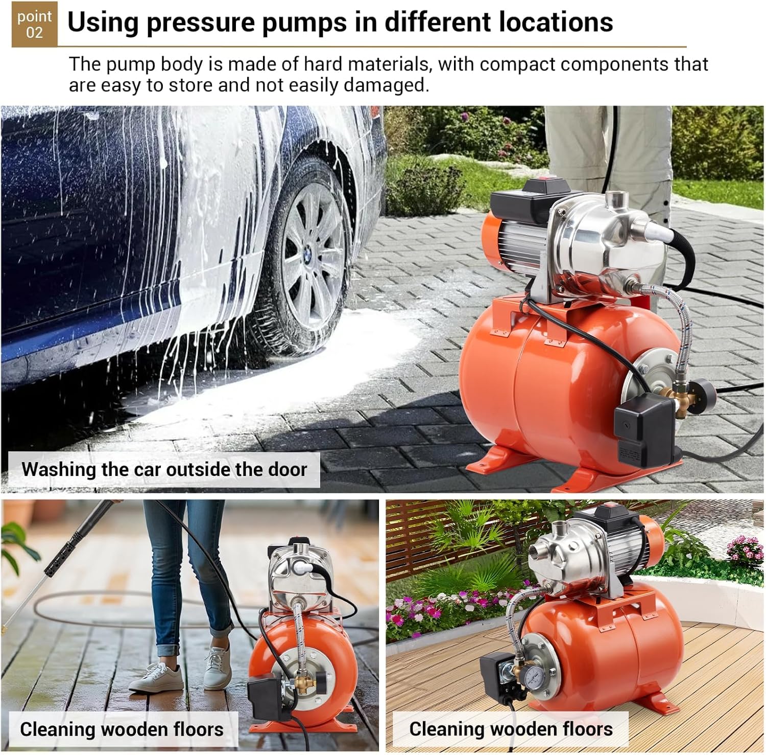 1HP Stainless Steel Water Transfer Pump with Well Pressure Tank – Shallow Well Pump & Irrigation Pump Combo, 130ft Max Lift, 20ft Suction Lift, Automatic Pressure Switch for Farm Use