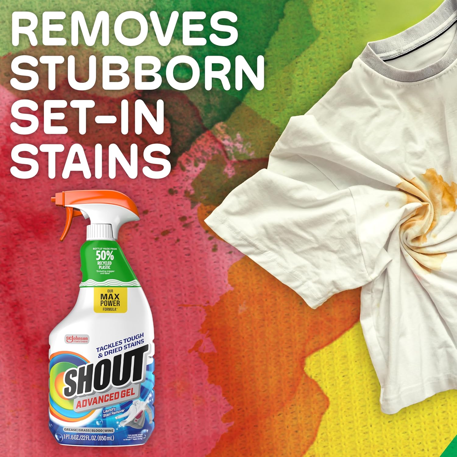 SHOUT Advanced Laundry Stain Remover Gel for Clothes Laundry, Breaks Down Stubborn, Dried-in, and Tough Stains, 22oz Spray, Pack of 3 (Packaging May Vary)