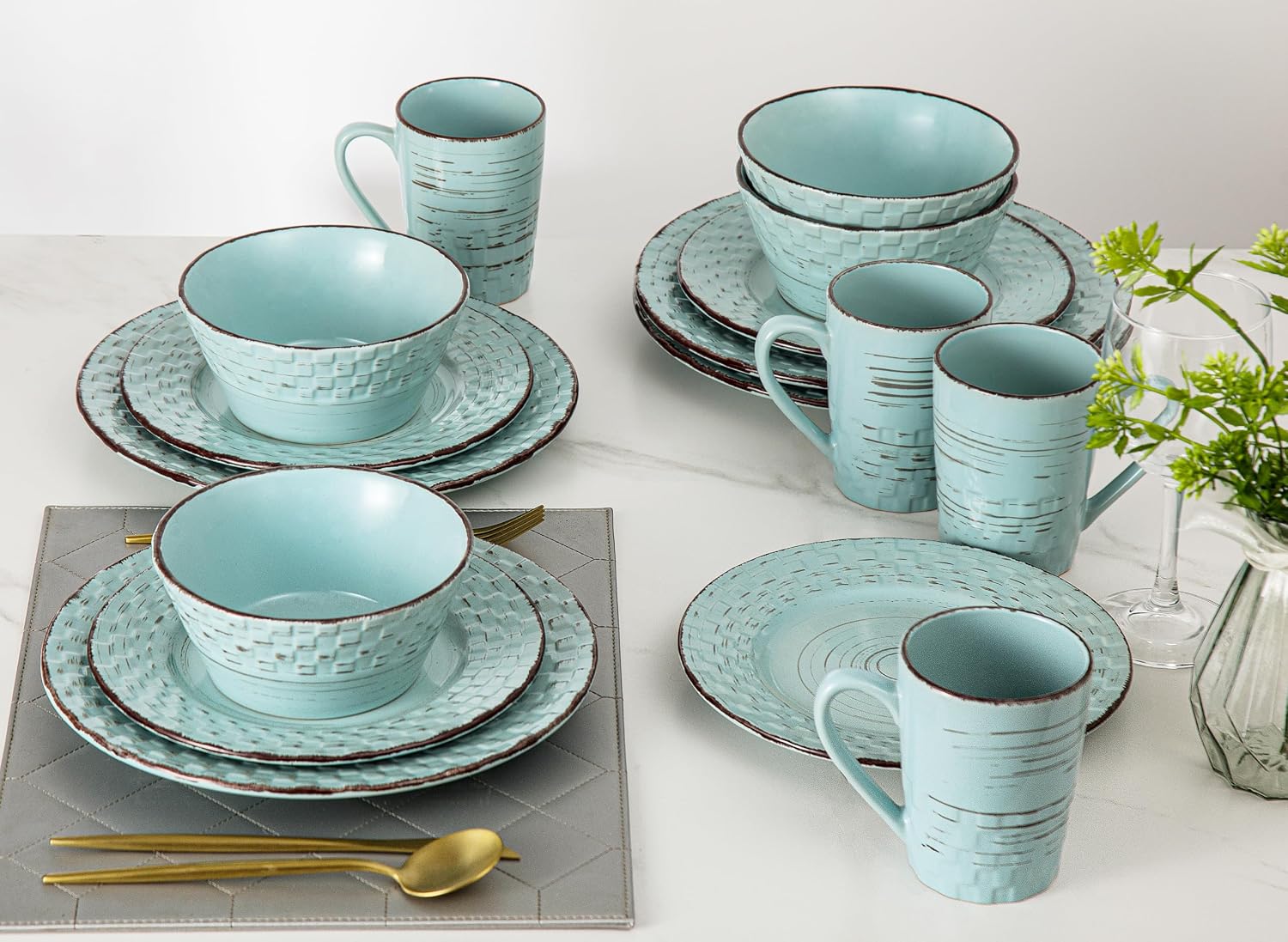 Lorren Home Trends Distressed Weave Dinnerware Set, Buttercup, 16 Piece | Service for 4