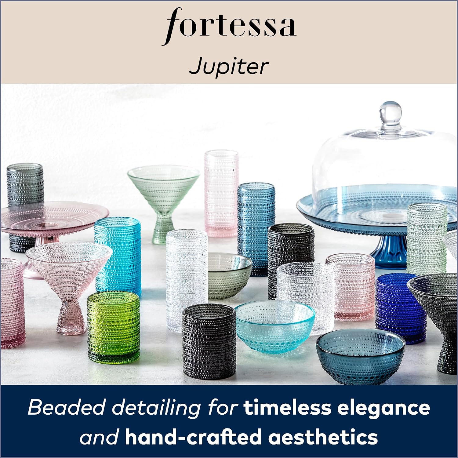 FORTESSA Jupiter Beaded Hobnail Glass Vintage Themed Drinkware Set, 10 Ounce Double Old Fashioned Glass (Set of 6), Dishwasher-Safe, Blue
