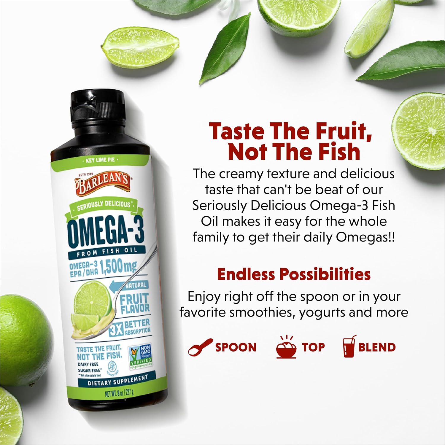 Barlean's Mango Peach Omega-3 Fish Oil, Vitamin D, 1080mg EPA & DHA, 8oz | Wild-caught fish oil plus vitamin D, EPA DHA omega-3, Burpless, Non-GMO, Gluten-free, Heart, brain, bone & immune