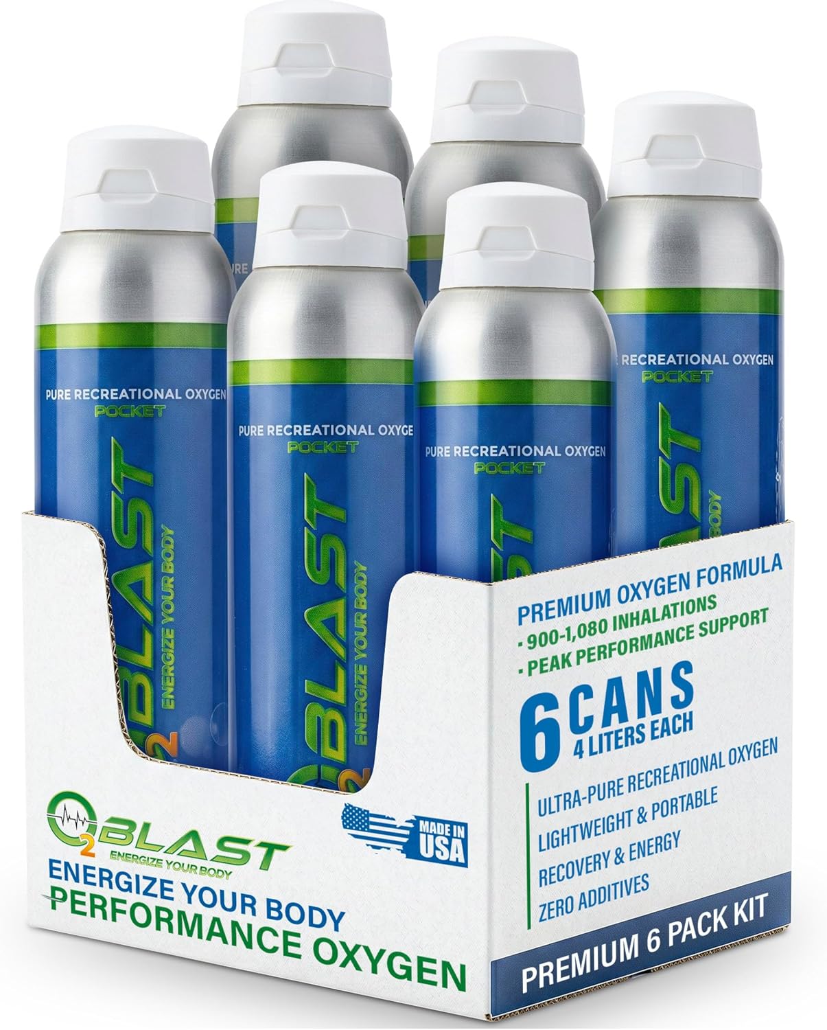 O2 Blast - 4L Portable Oxygen Can with Flip-Top Cap, Compact Design, 6-Pack