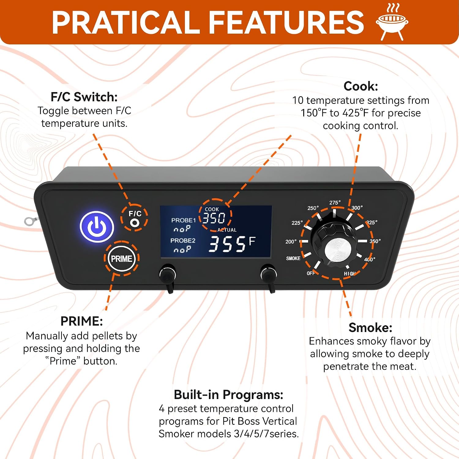 Digital Trapezoid Grill Controller Kit Thermostat Controller Board Replacement Parts Compatible with Pit Boss Vertical Pellet Smoker Copperhead