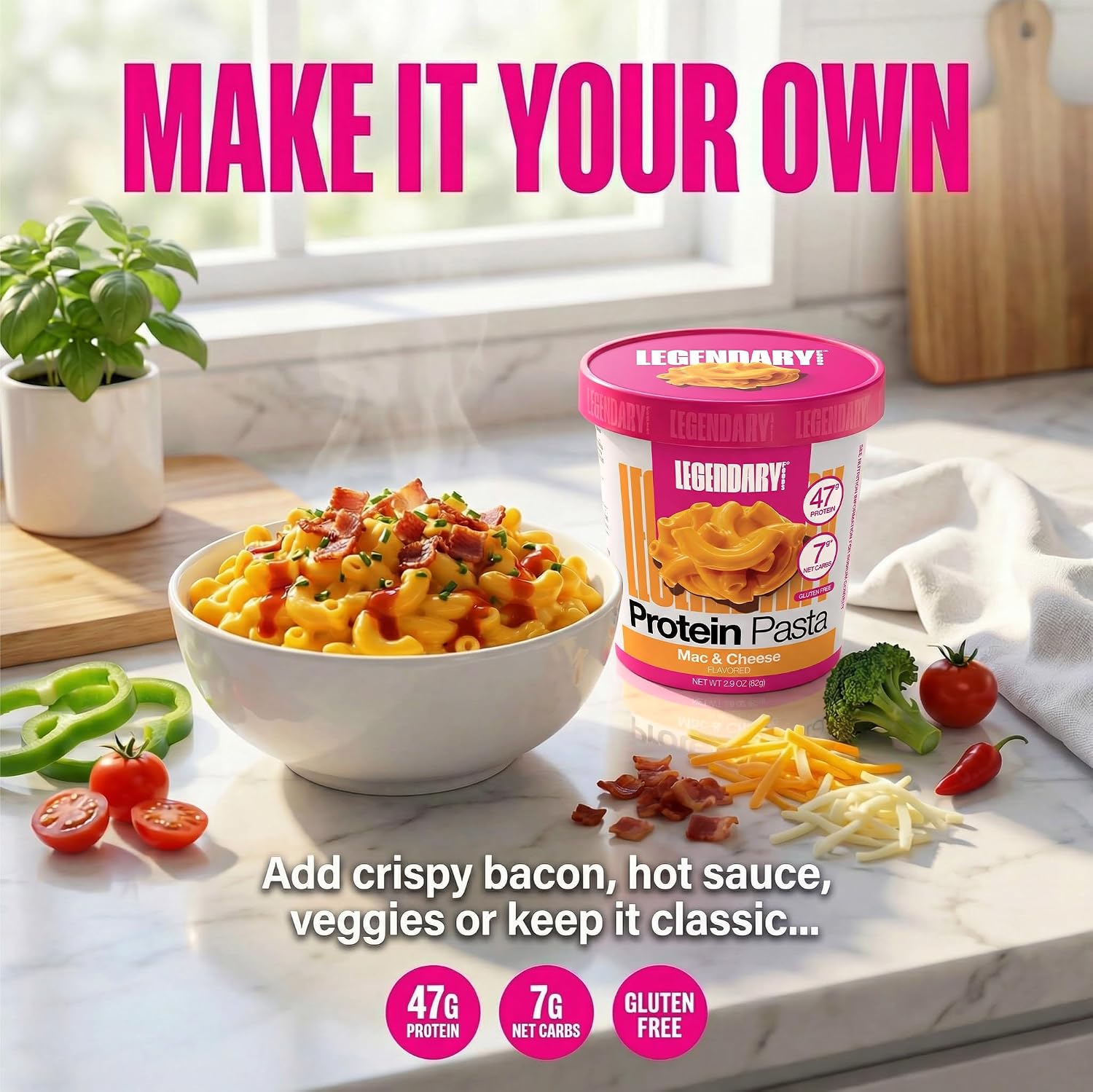 Legendary Foods 48g Protein Pasta Gluten Free Garlic Parmesan Cup | 8g Net Carbs, High Fiber Keto Pasta, Instant Protein Lunch - Low Carb Diet, Microwave Pasta Cups, Post workout Quick Meal