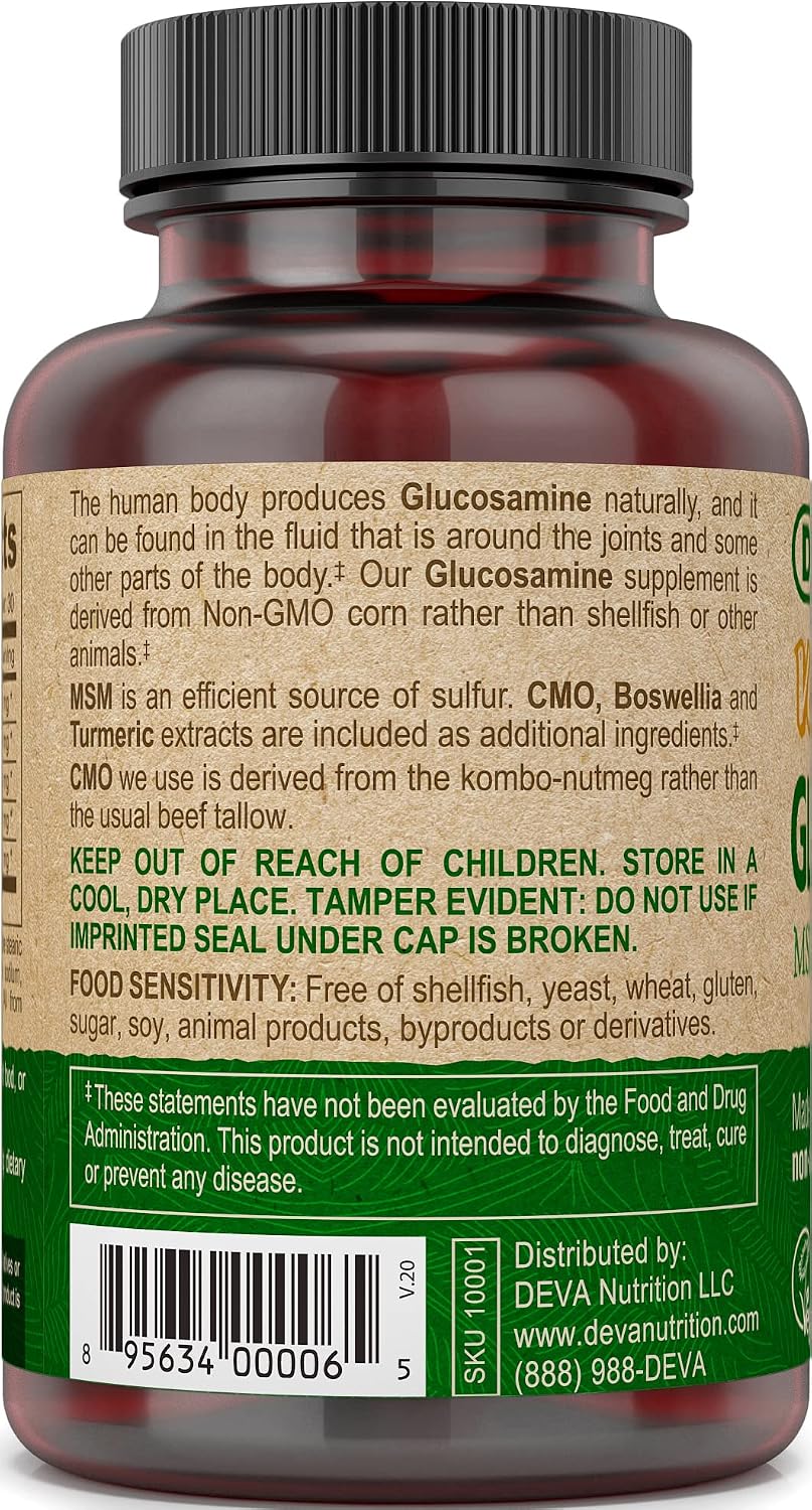 Deva Vegan Glucosamine MSM & CMO, Improved Formula Plus Hyaluronic Acid, CMO, Turmeric Extract, Boswellia Extract with Non Animal Ingredients, 90 Tablets