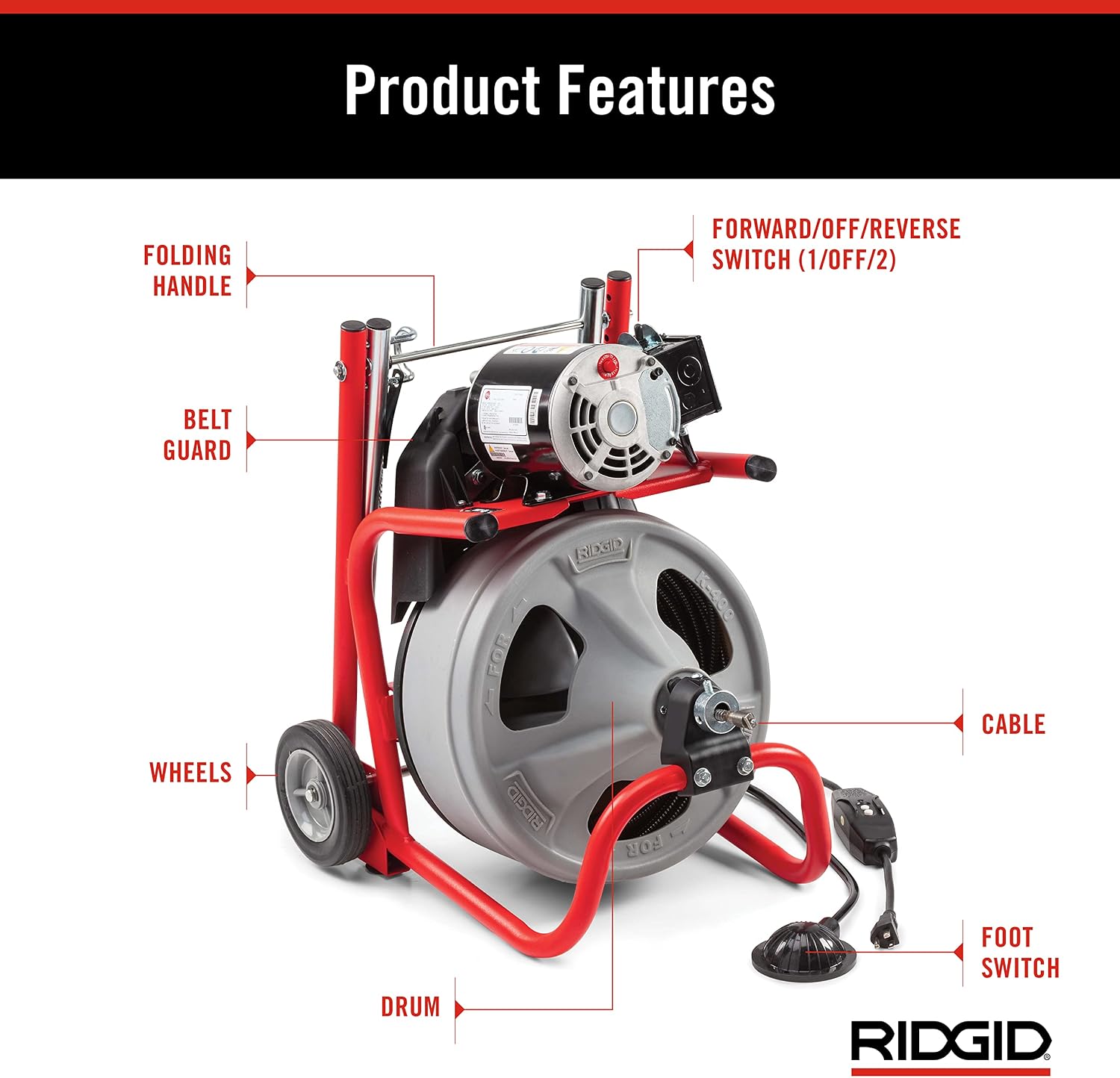 RIDGID 26998 Model K-400 Drain Cleaning 120-Volt Drum Machine Kit with C-45IW 1/2" x 75' Cable, White, Black, Red