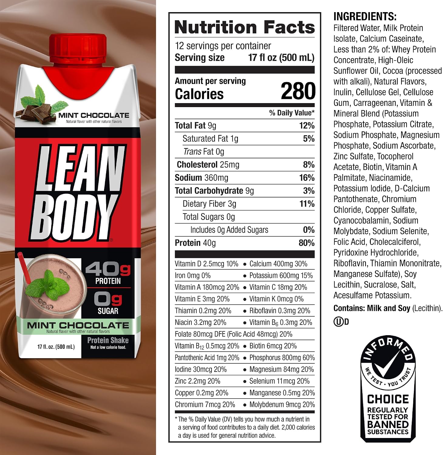 Labrada Lean Body Ready-to-Drink Chocolate Protein Shake, 40g Protein, Whey Blend, 0 Sugar, Gluten Free, 22 Vitamins & Minerals, LABRADA, 17 Fl Oz (Pack of 12)