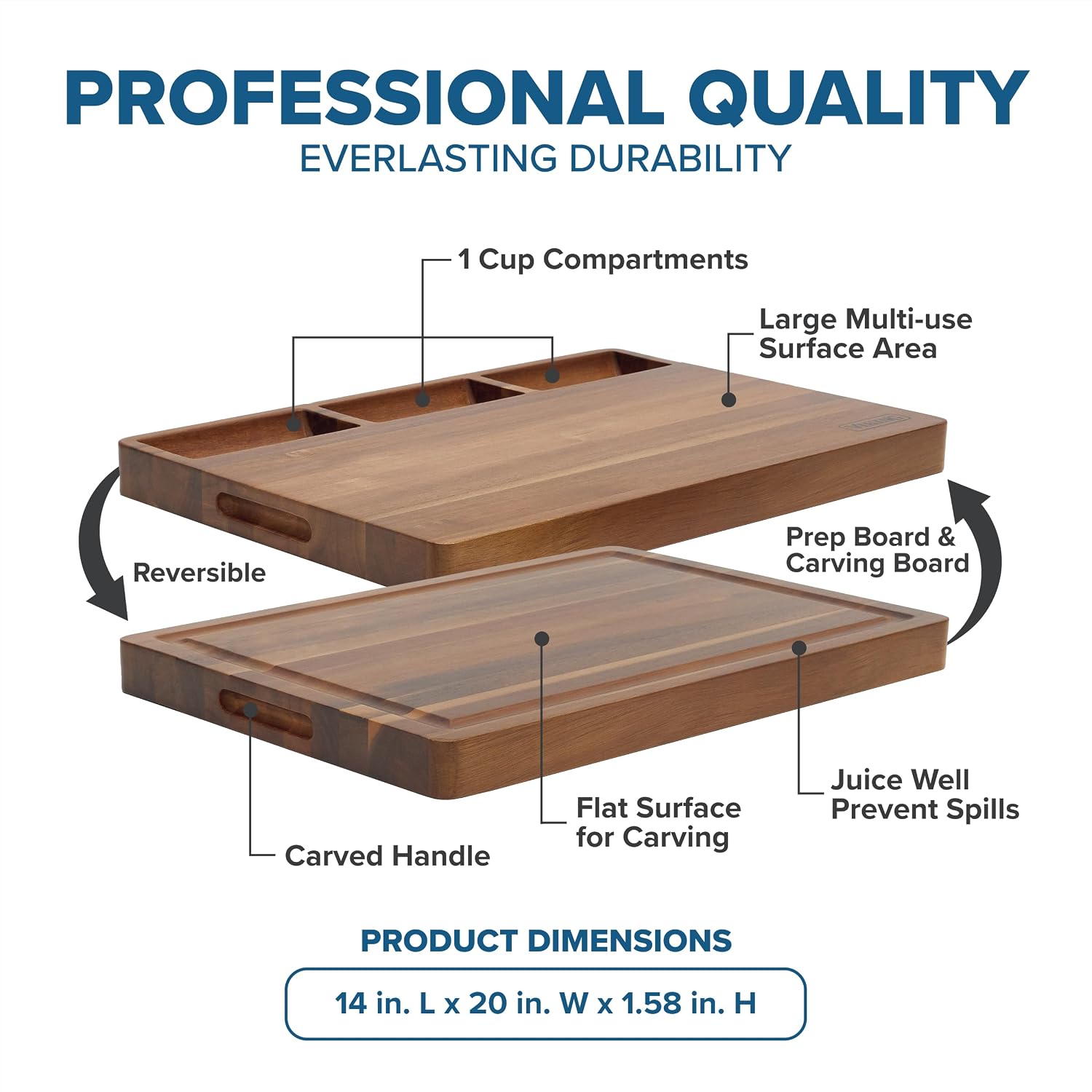 Viking Cutting Board, Acacia Wood Kitchen Butcher Block Carving Board with Juice Groove and Metal Handles, 23 x 14 x 1 Inch