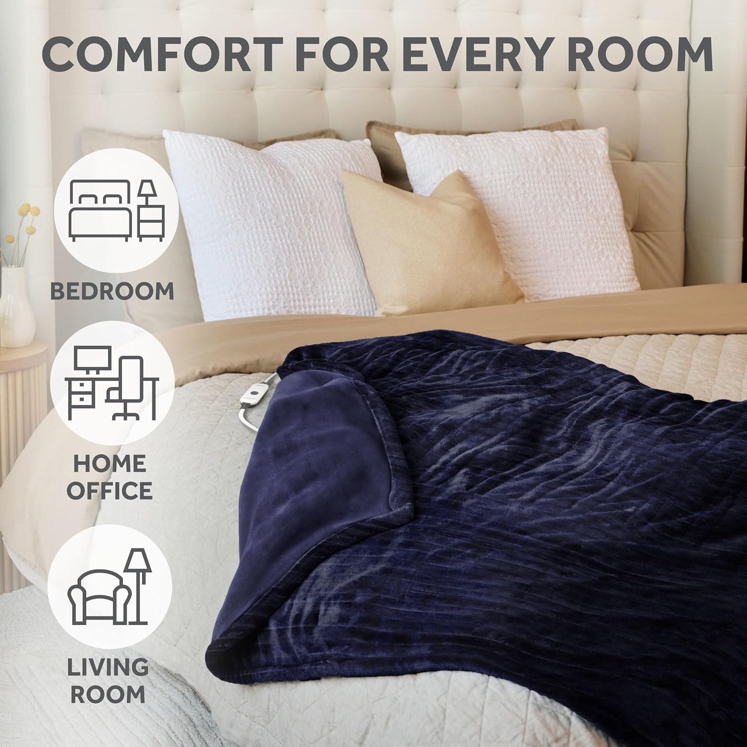 Sunbeam Electric Royal Posh Velvet Heated Blanket, 12 Heat Settings, 12-Hour Selectable Auto Shut-Off, Fast Heating, Warm and Lush, Champagne Color, King, 90" x 100"