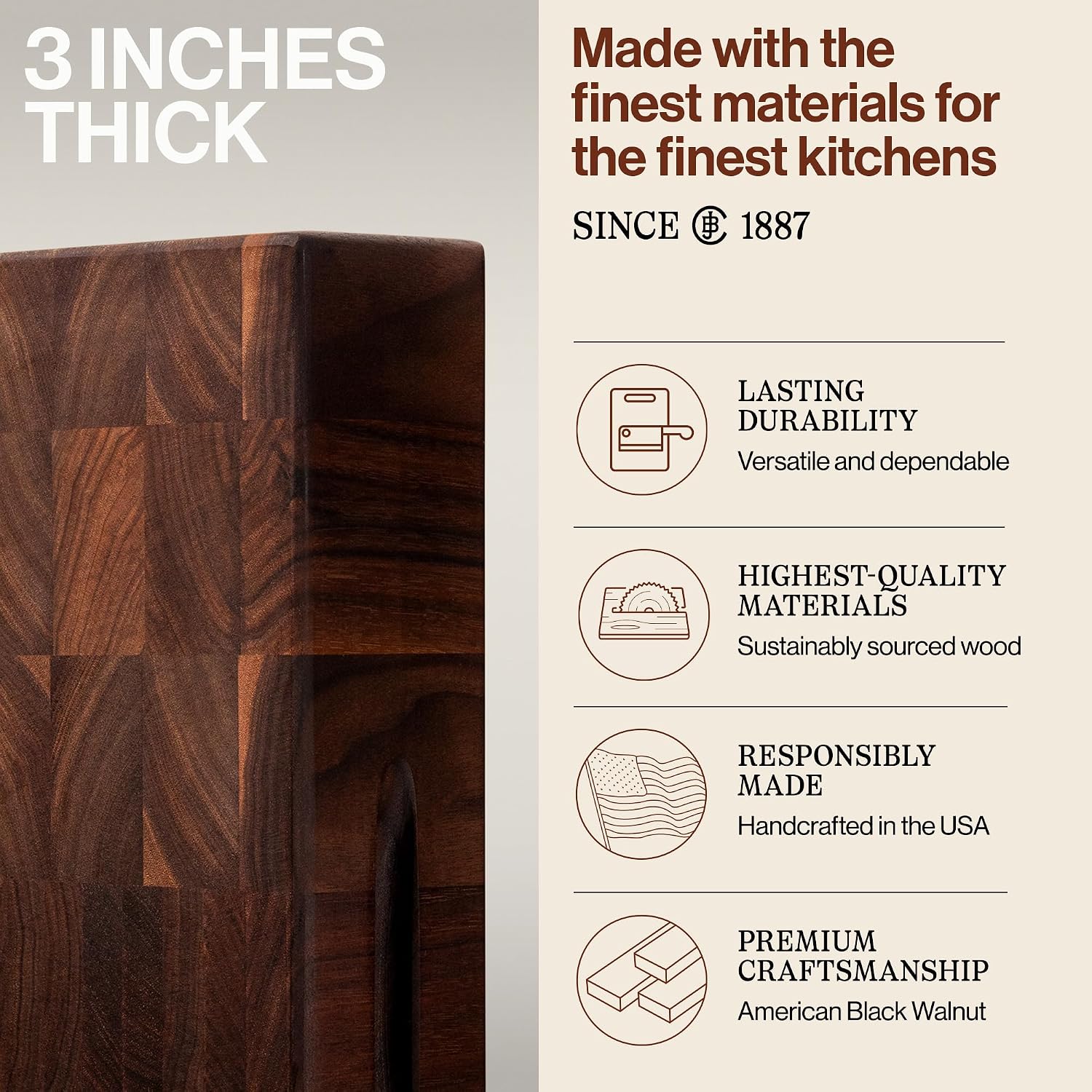 John Boos CCB Series Square Wooden Maple Cutting Board 12”x12” – 3” Thick, 13-lb Reversible Butcher Block with End-Grain & Finger Grips – Made in the USA