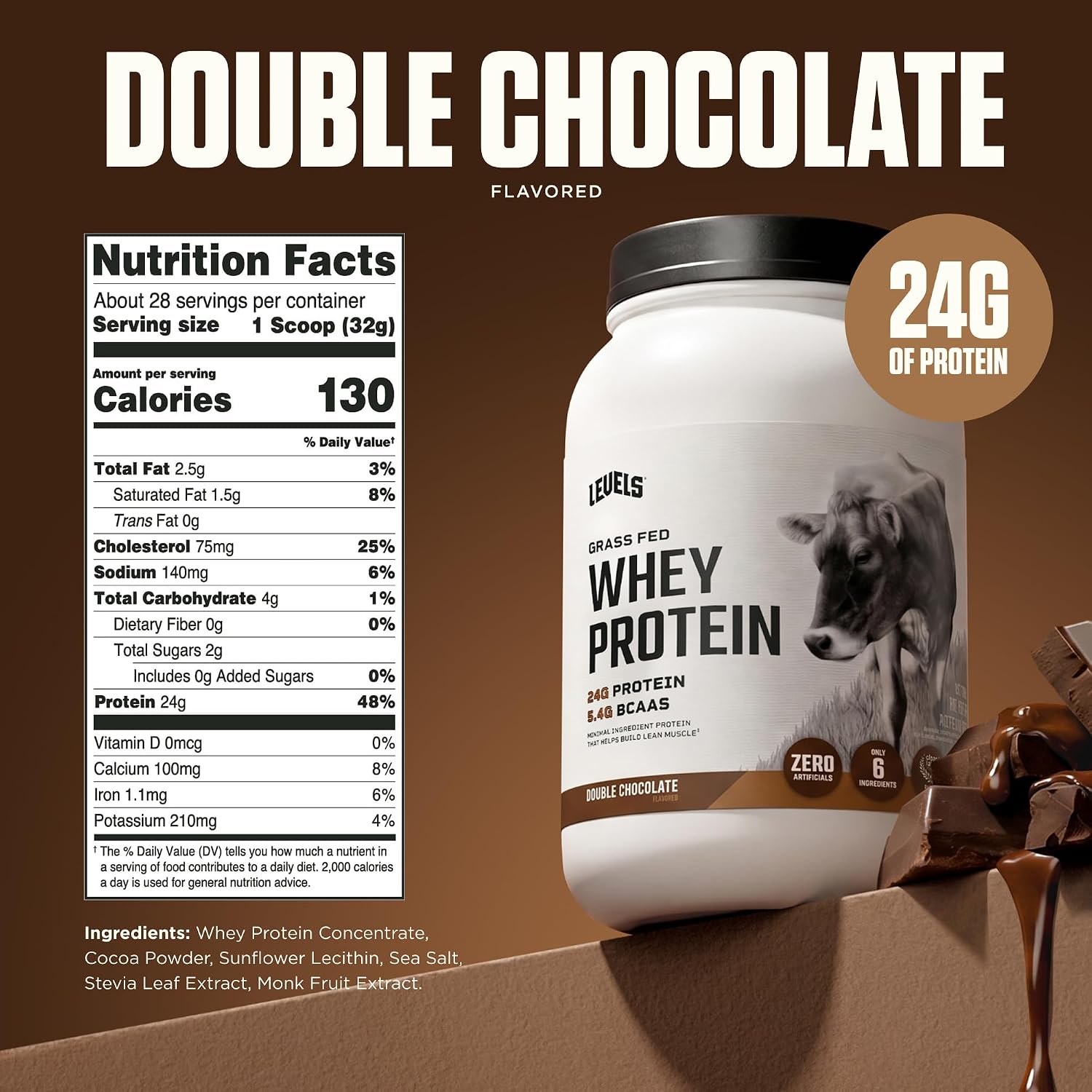 Levels Whey Protein Powder, No Artificial Ingredients, Pure Chocolate, 5LB | 24G of Protein, 5.4G BCAAs, Clean Ingredients, Hormone Free Dairy, No Fillers, No Added Sugar, No Junk